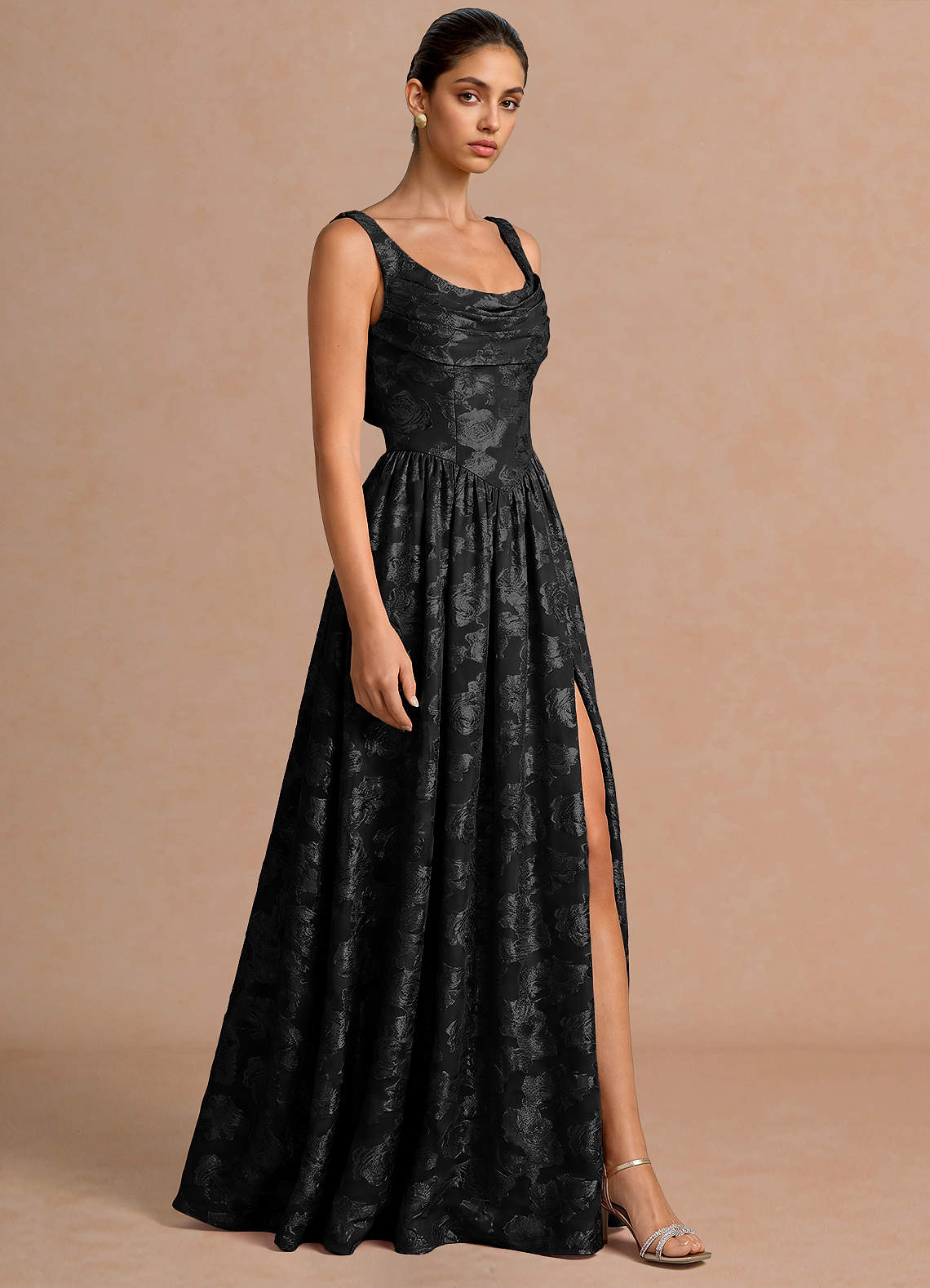 Novi A-Line Draped-Neck Floral Fil Coupé Evening Dress in Black