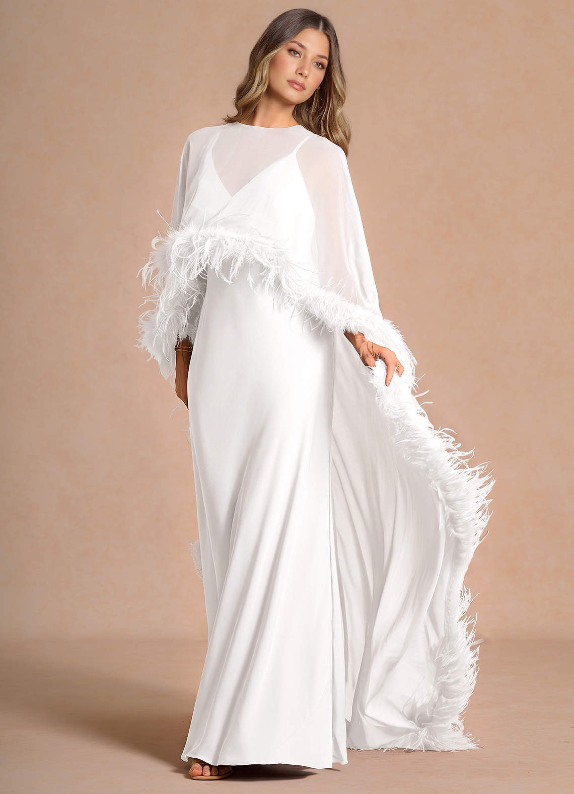 Samara Sheath Feather-Trim Satin Chiffon Wedding Guest Dress in White