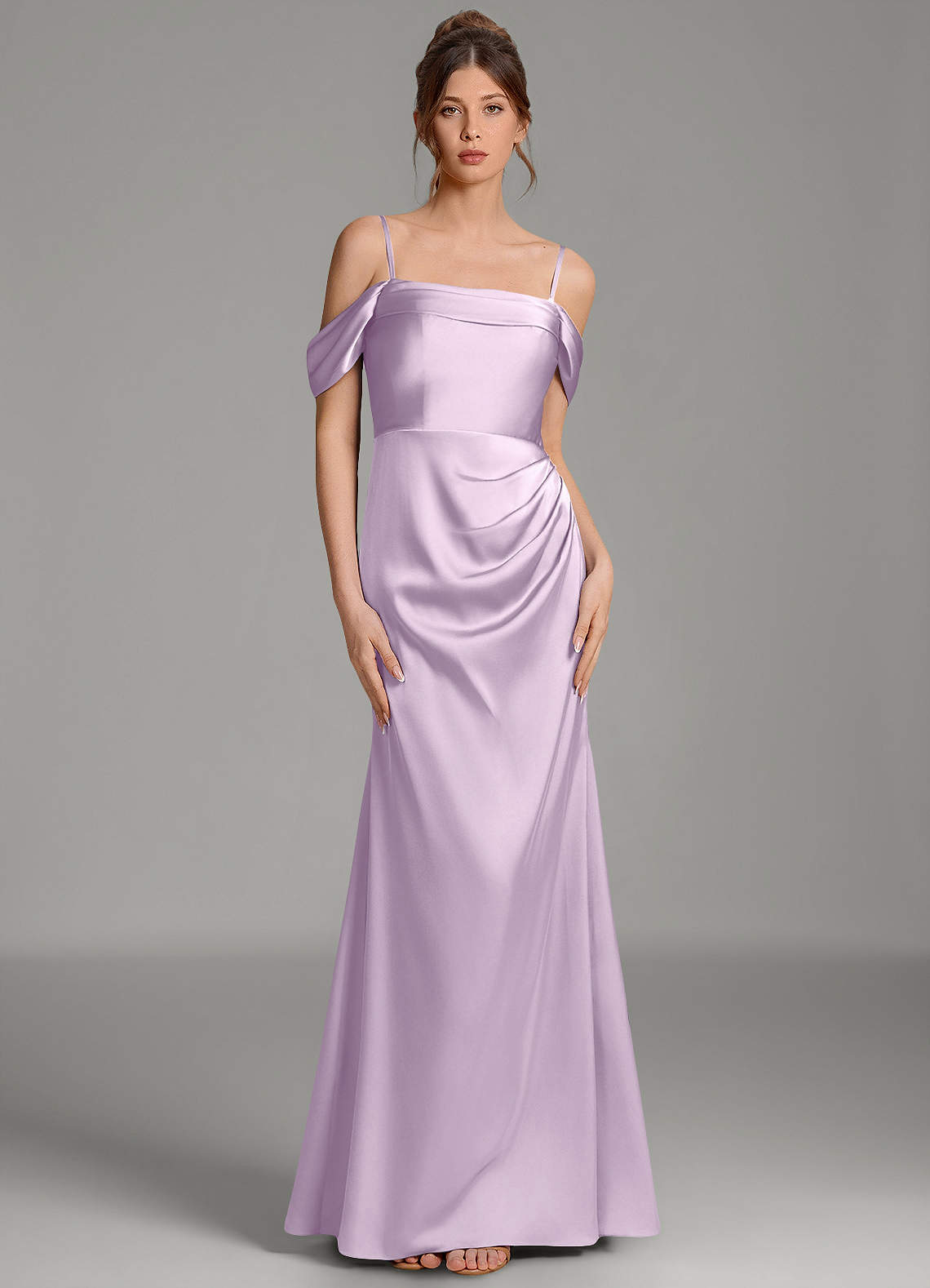 Wyatt Mermaid Off-the-Shoulder Stretch Satin Bridesmaid Dress in Frosted Lilac