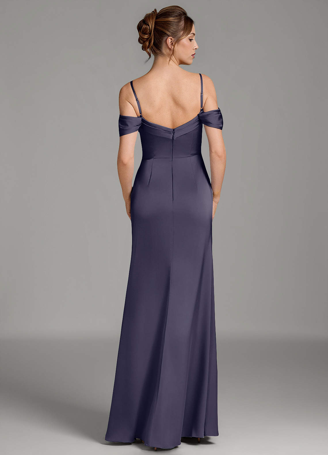 Wyatt Mermaid Off-the-Shoulder Stretch Satin Bridesmaid Dress in Stormy