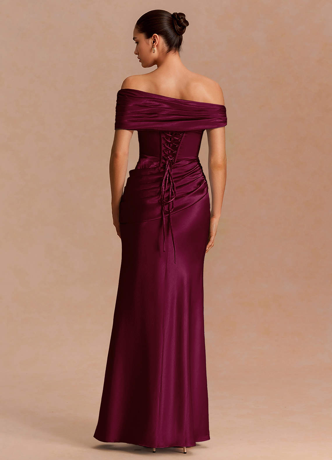 Leonie Strapless Draped-Shoulder Satin Evening Dress in Cabernet