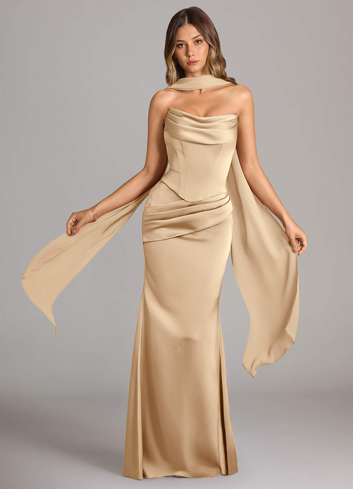 Sorrel Mermaid Cowl-Neck Stretch Satin and Chiffon Bridesmaid Dress in Champagne