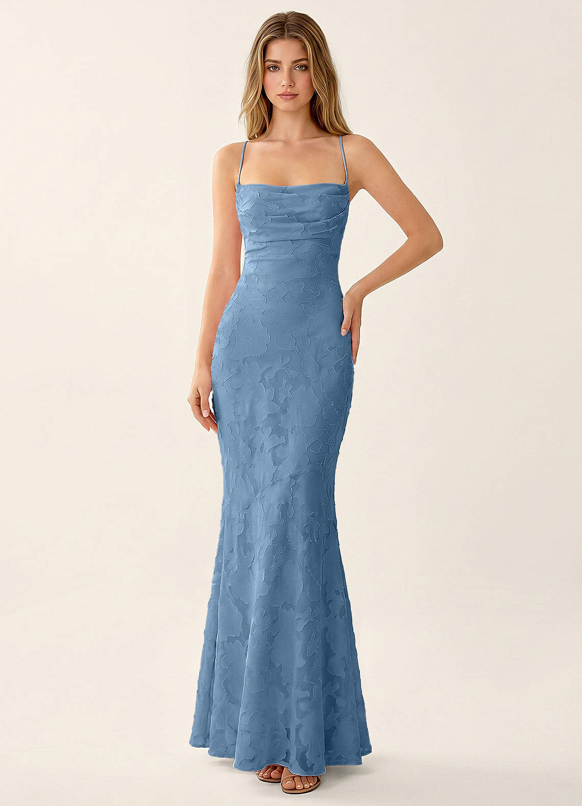 Natasha Mermaid Spaghetti-Strap Floral Burnout Evening Dress in Steel Blue