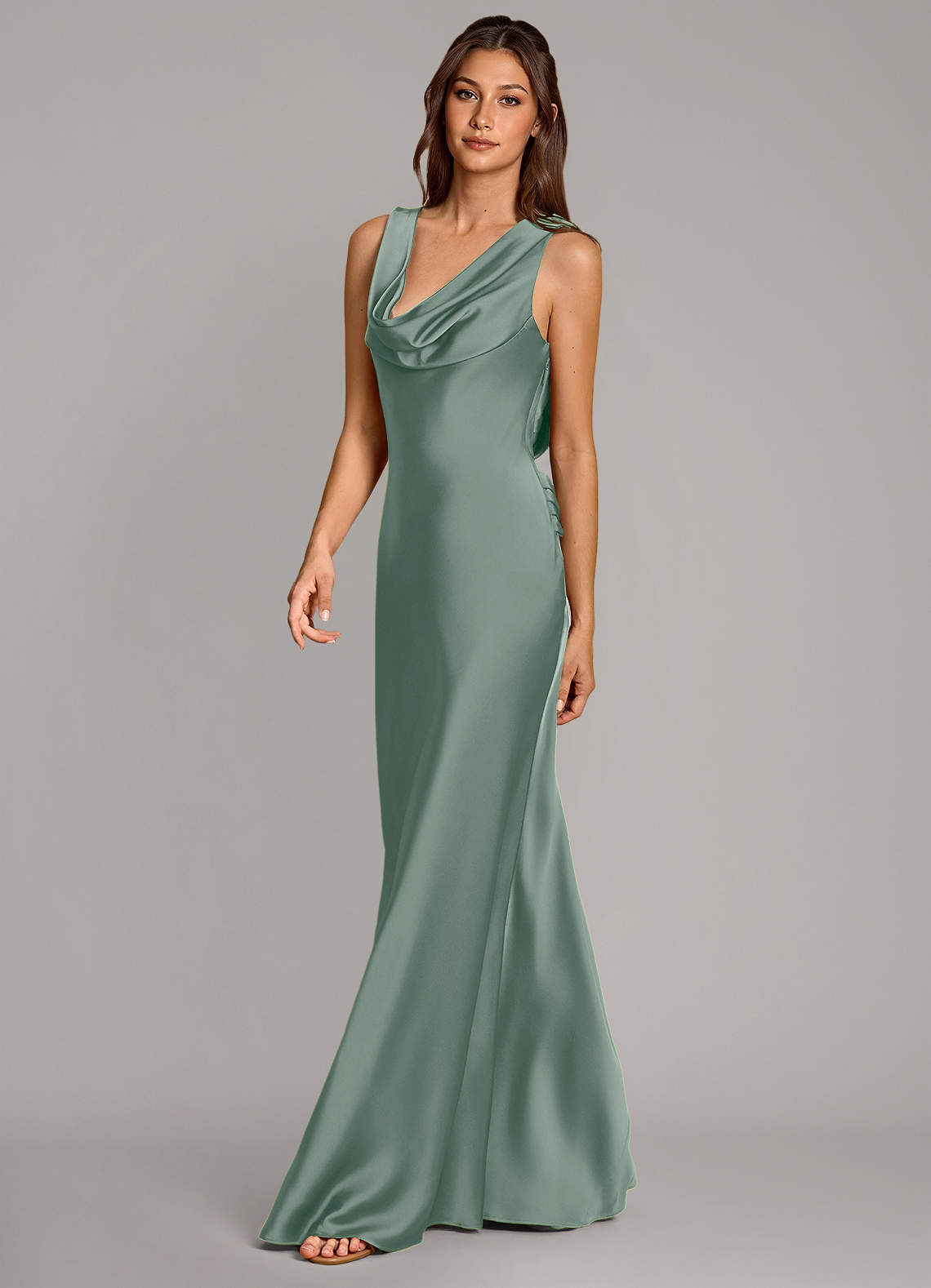 Cheryl Mermaid Cowl-Neck Stretch Satin Bridesmaid Dress in Silver Sage