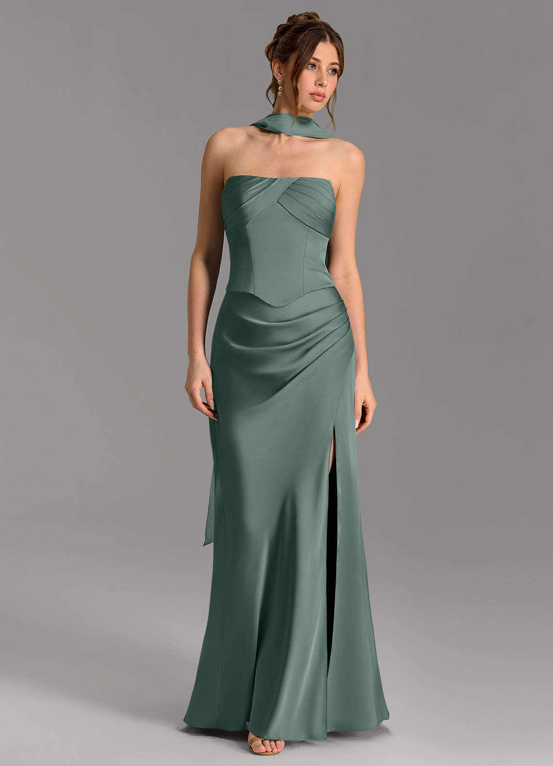 Nicki Sheath Scoop-Neck Stretch Satin Bridesmaid Dress in Sea Moss