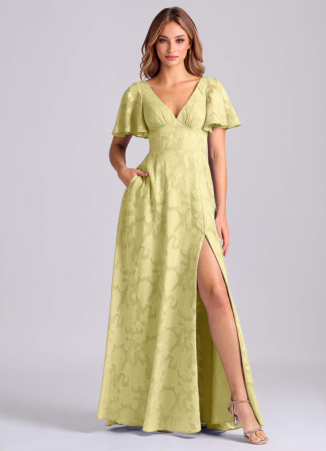 Kimber A-Line V-Neck Floral Burnout Bridesmaid Dress in Lemon Sorbet