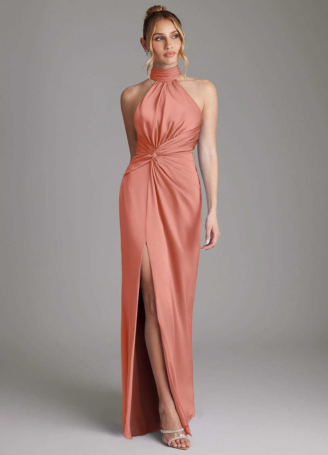 Gracelynn Sheath Halter Stretch Satin Bridesmaid Dress in Salmon Pink
