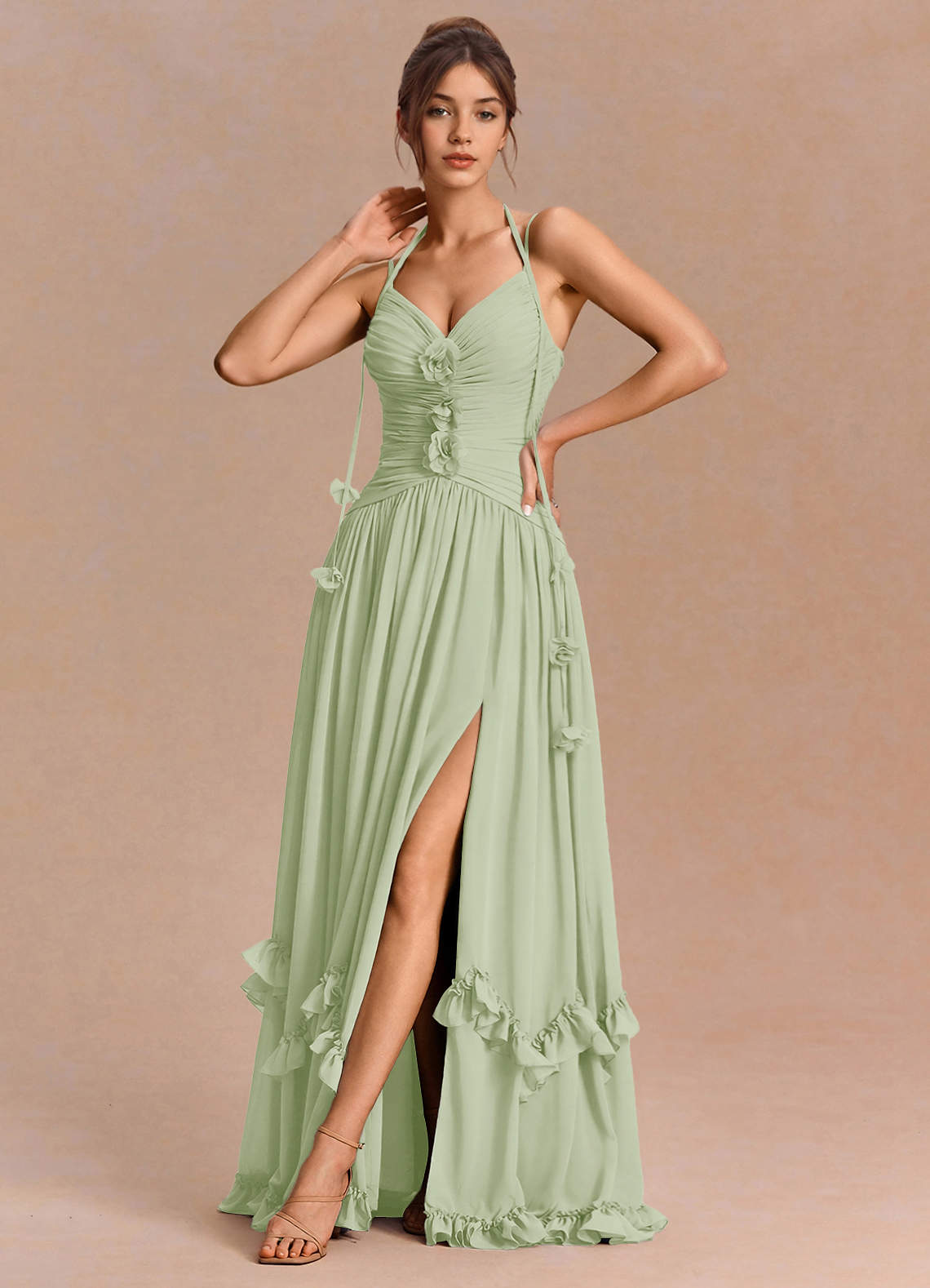 Eulalie A-Line Floral-Appliqué Chiffon Evening Dress in Haze blue