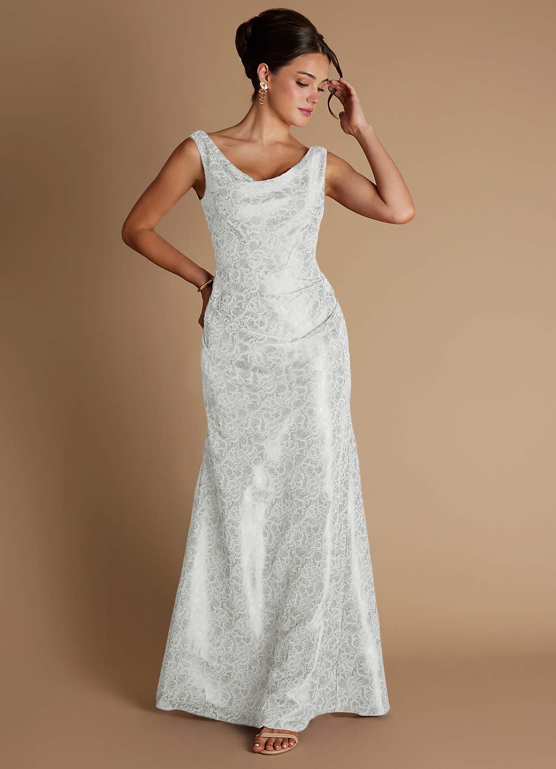 Kiana Mermaid Scoop-Neck Jacquard Wedding Guest Dress in Cream