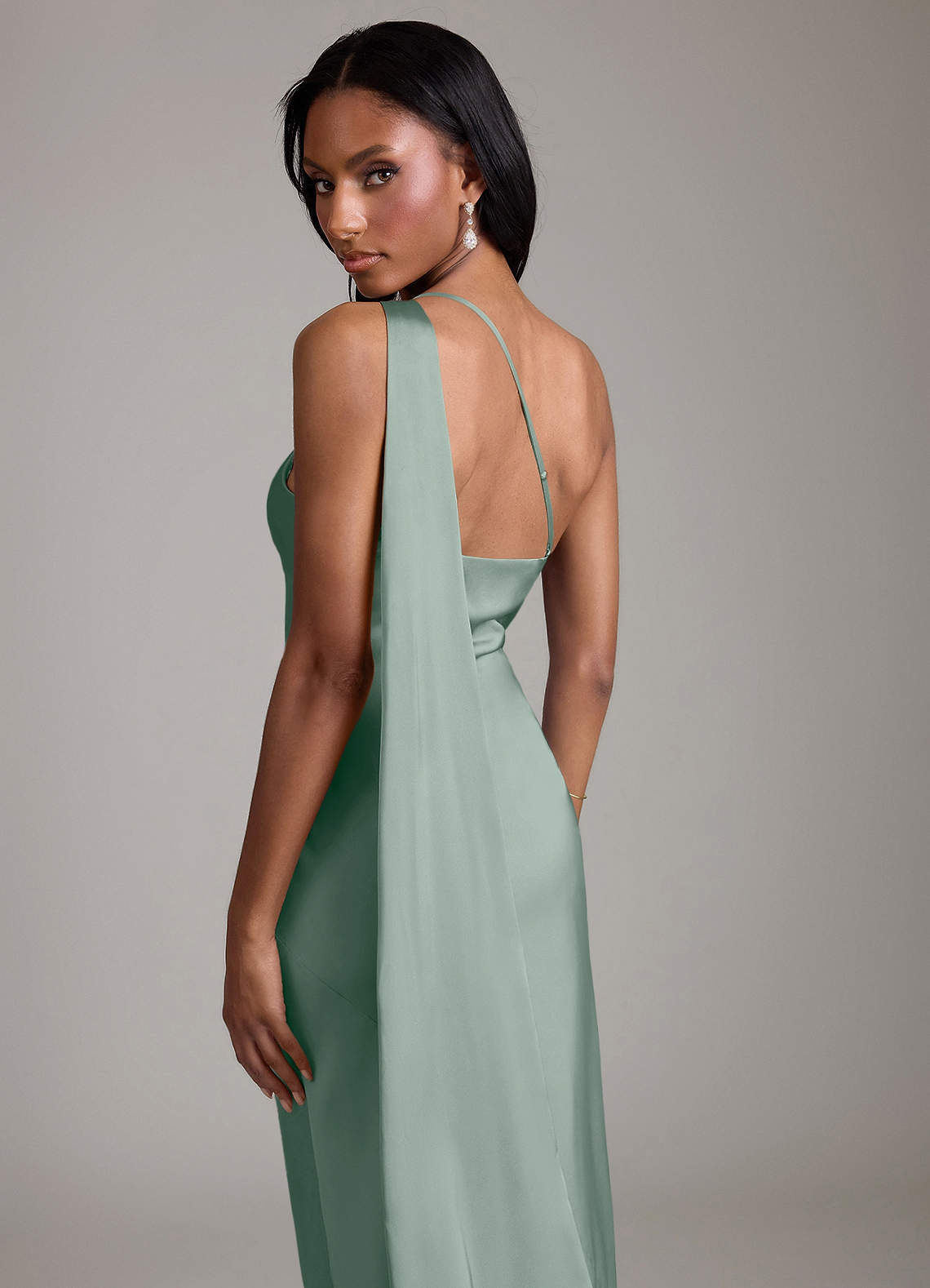 Juniper Mermaid One-Shoulder Stretch Satin Bridesmaid Dress in Silver Sage