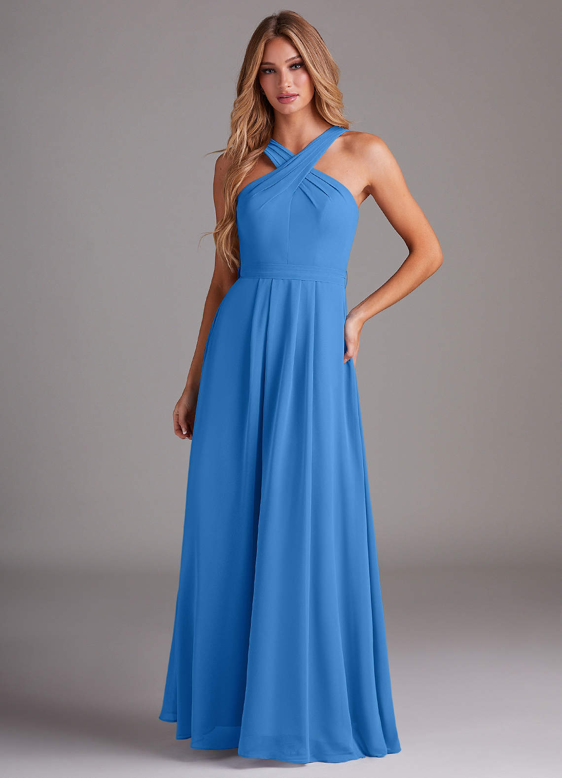 Dixie A-Line Halter Chiffon Bridesmaid Dress in Blue Jay