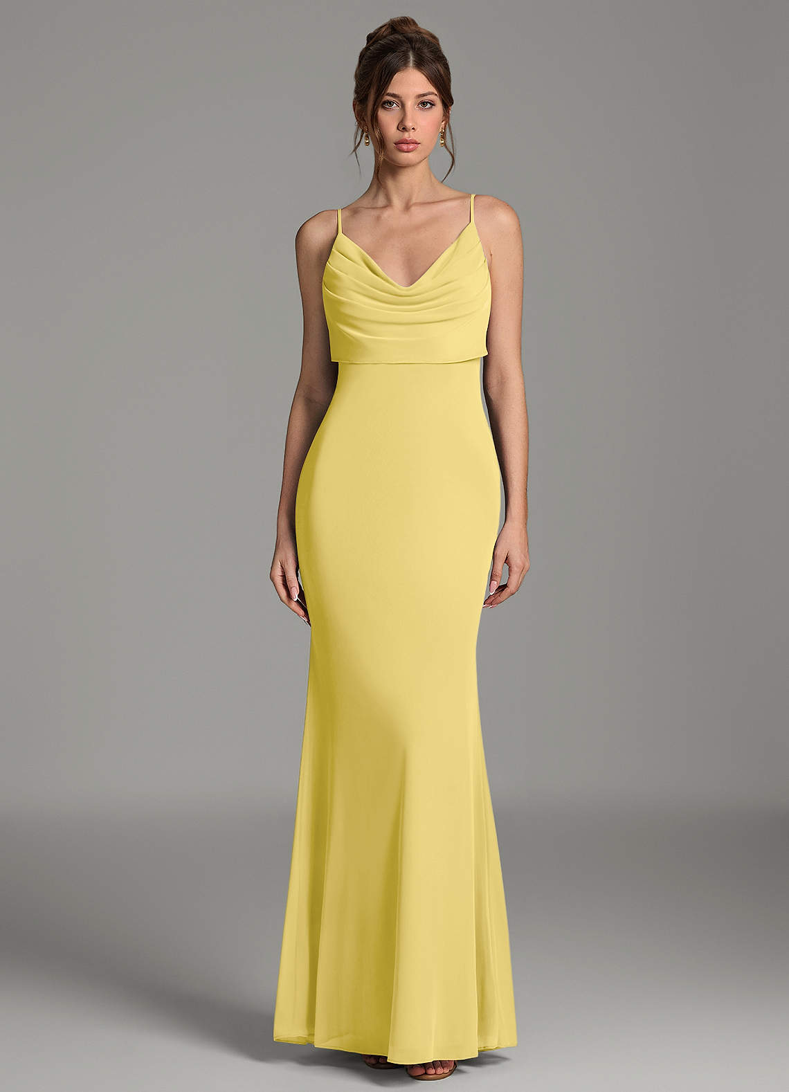 Zari Mermaid Cowl-Neck Mesh Bridesmaid Dress in Canary