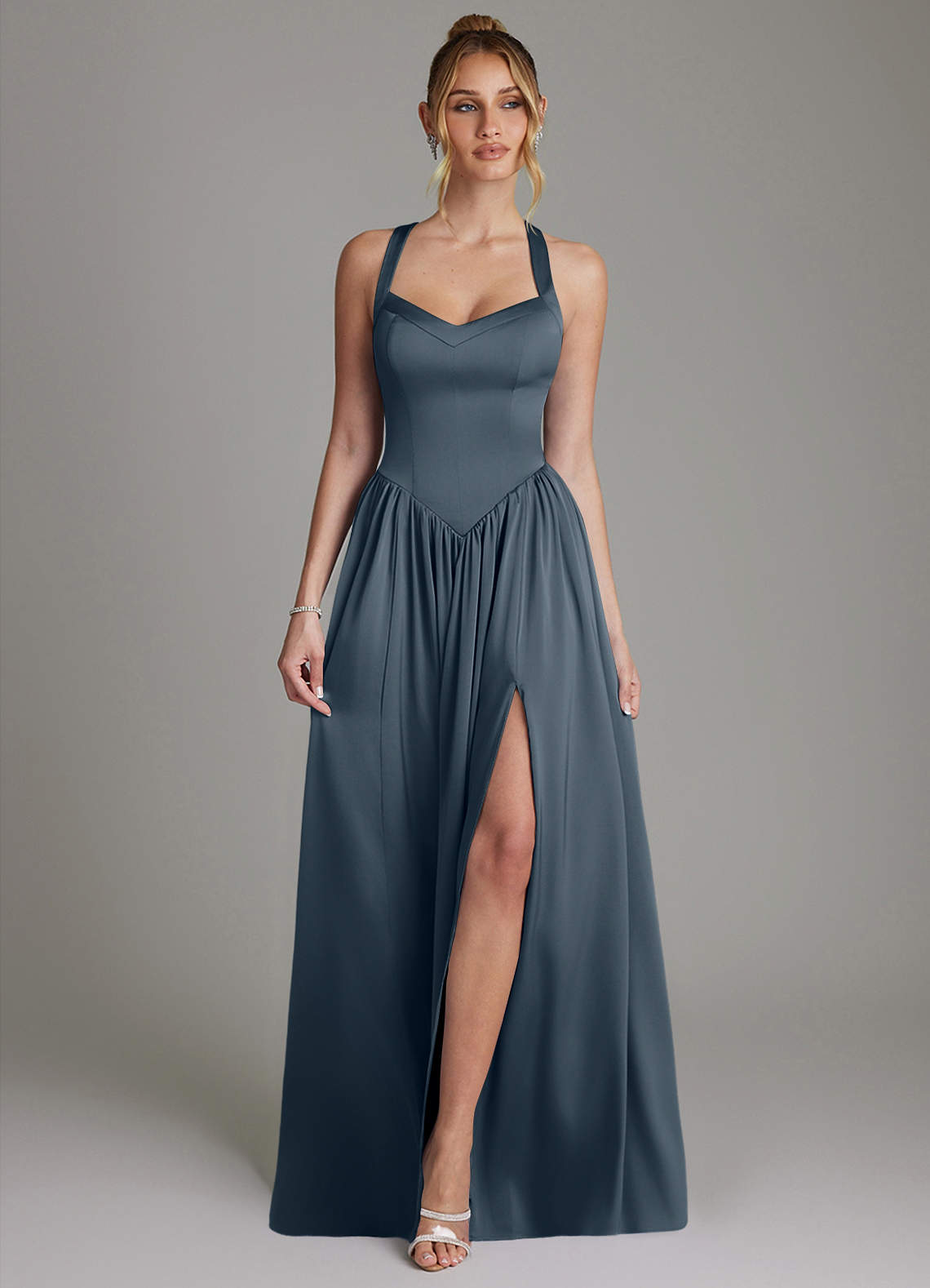 Francis A-Line V-Neck Stretch Satin Bridesmaid Dress in Twilight