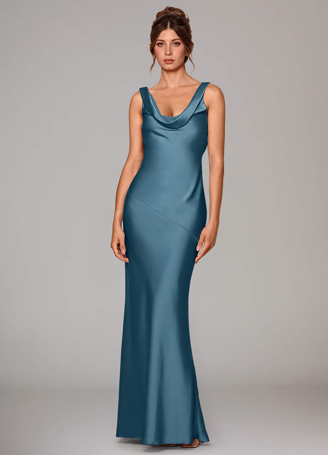 Rylina Mermaid Cowl-Neck Stretch Satin Bridesmaid Dress in Bermuda