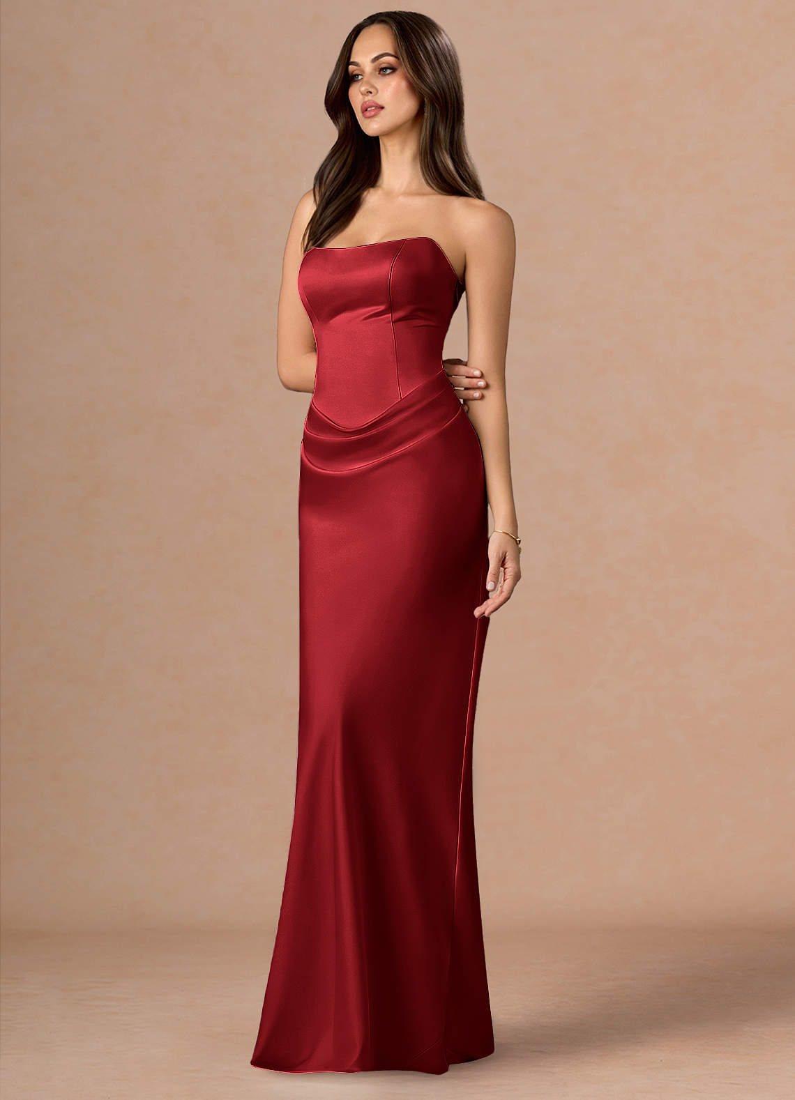 Valencia Scarf Lace-Up Stretch Satin Evening Dress in Cherry Red