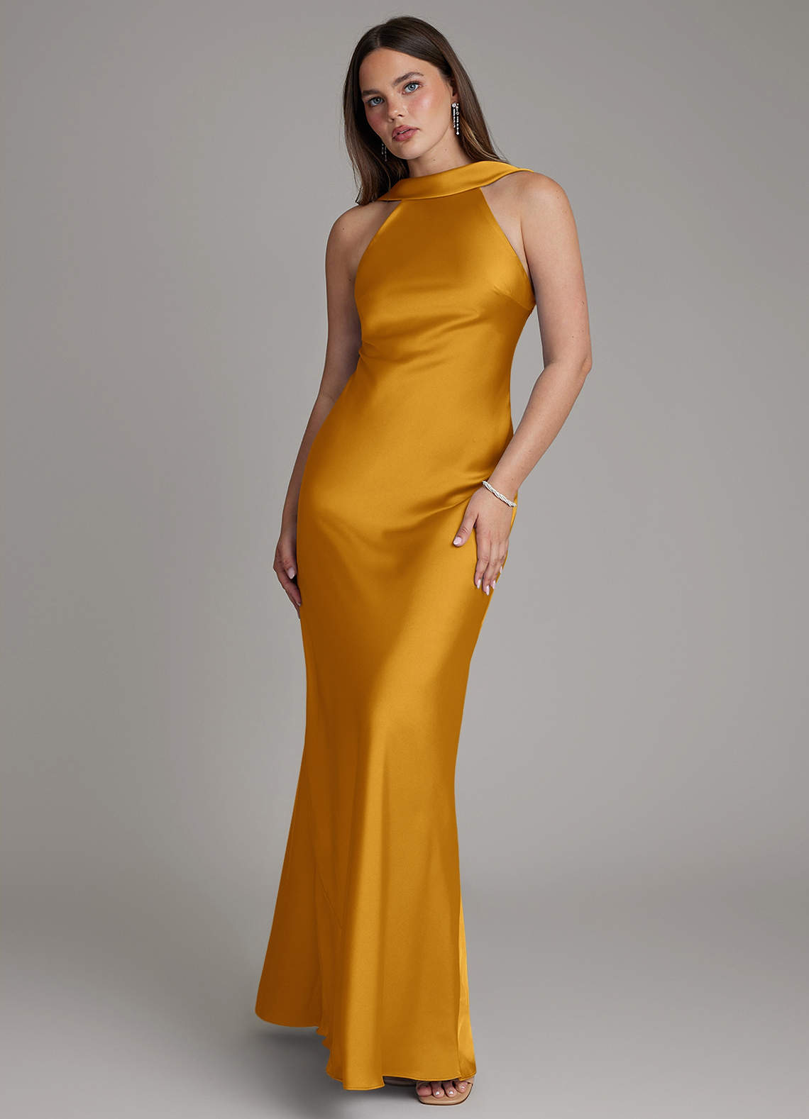 Dimitra Sheath Halter Stretch Satin Bridesmaid Dress in butterscotch