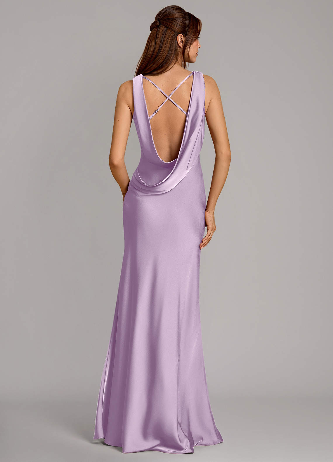 Cheryl Mermaid Cowl-Neck Stretch Satin Bridesmaid Dress in Frosted Lilac