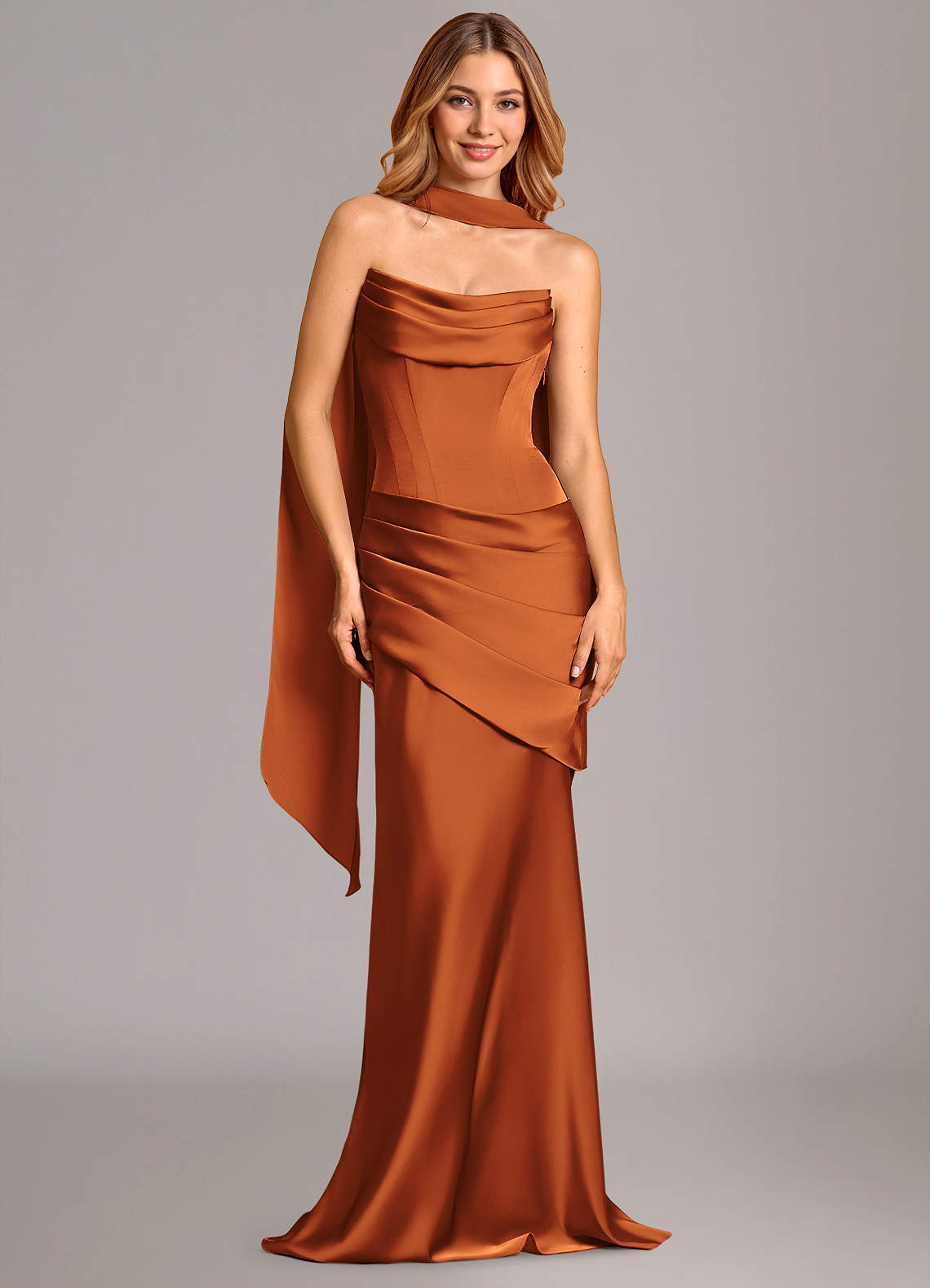 Pelagia Mermaid Cowl-Neck Stretch Satin Bridesmaid Dress in Cinnamon