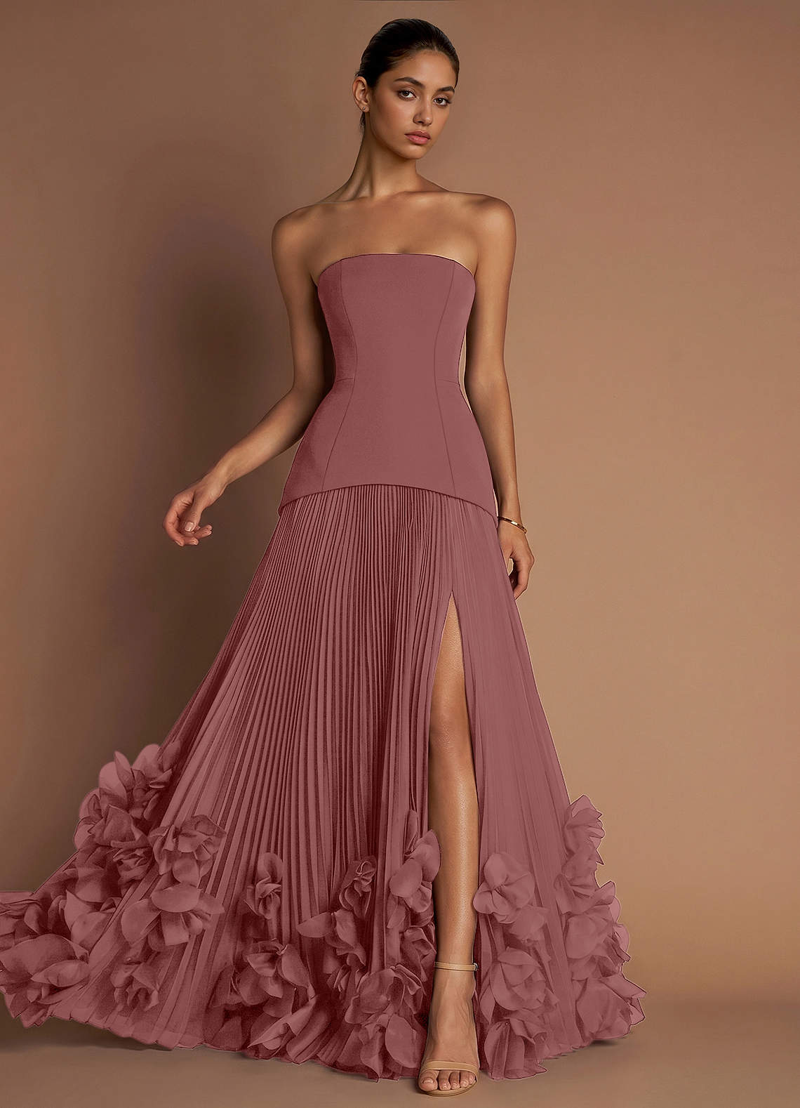 Marnie A-Line Corset Crepe Chiffon Evening Dress in Desert Rose