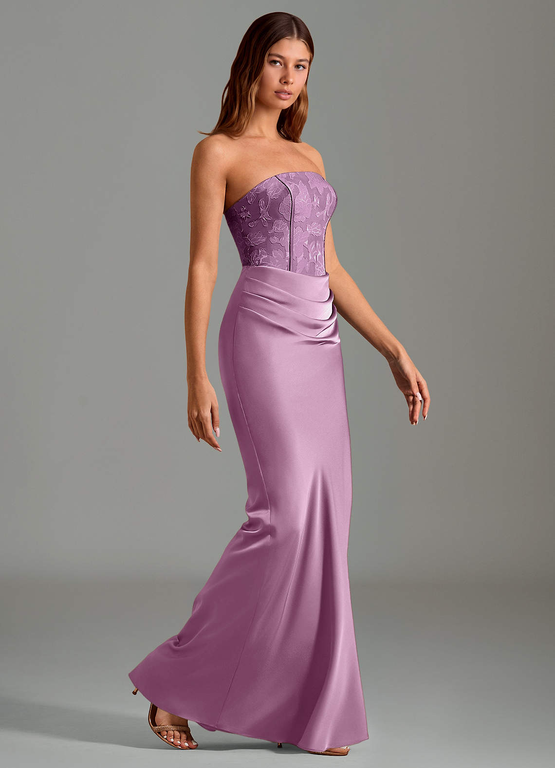 Emilia Mermaid Strapless Stretch Satin and Floral Burnout Bridesmaid Dress in Wisteria