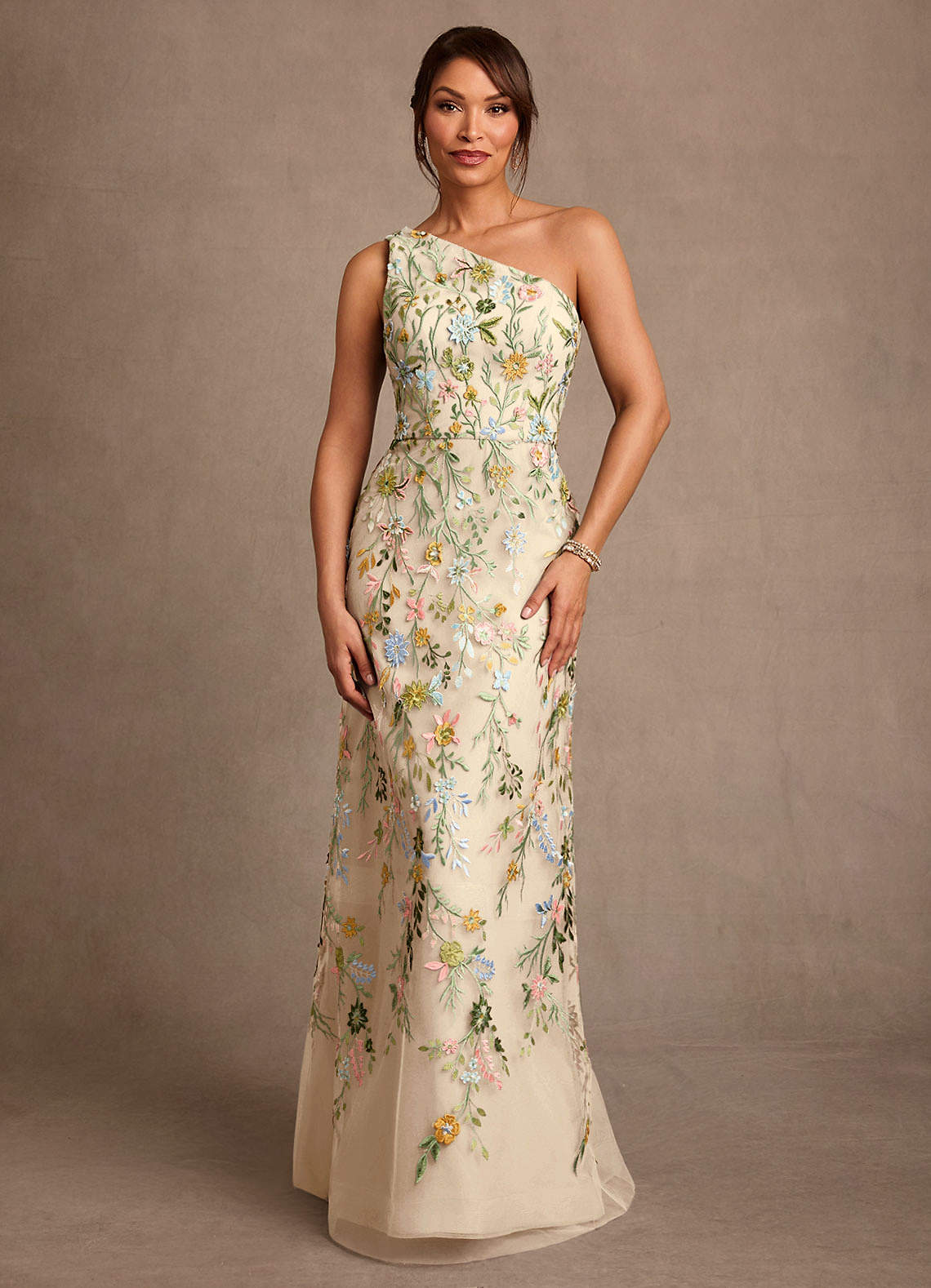 Bertie A-Line One-Shoulder Lace Mother of the Bride Dress in champagne