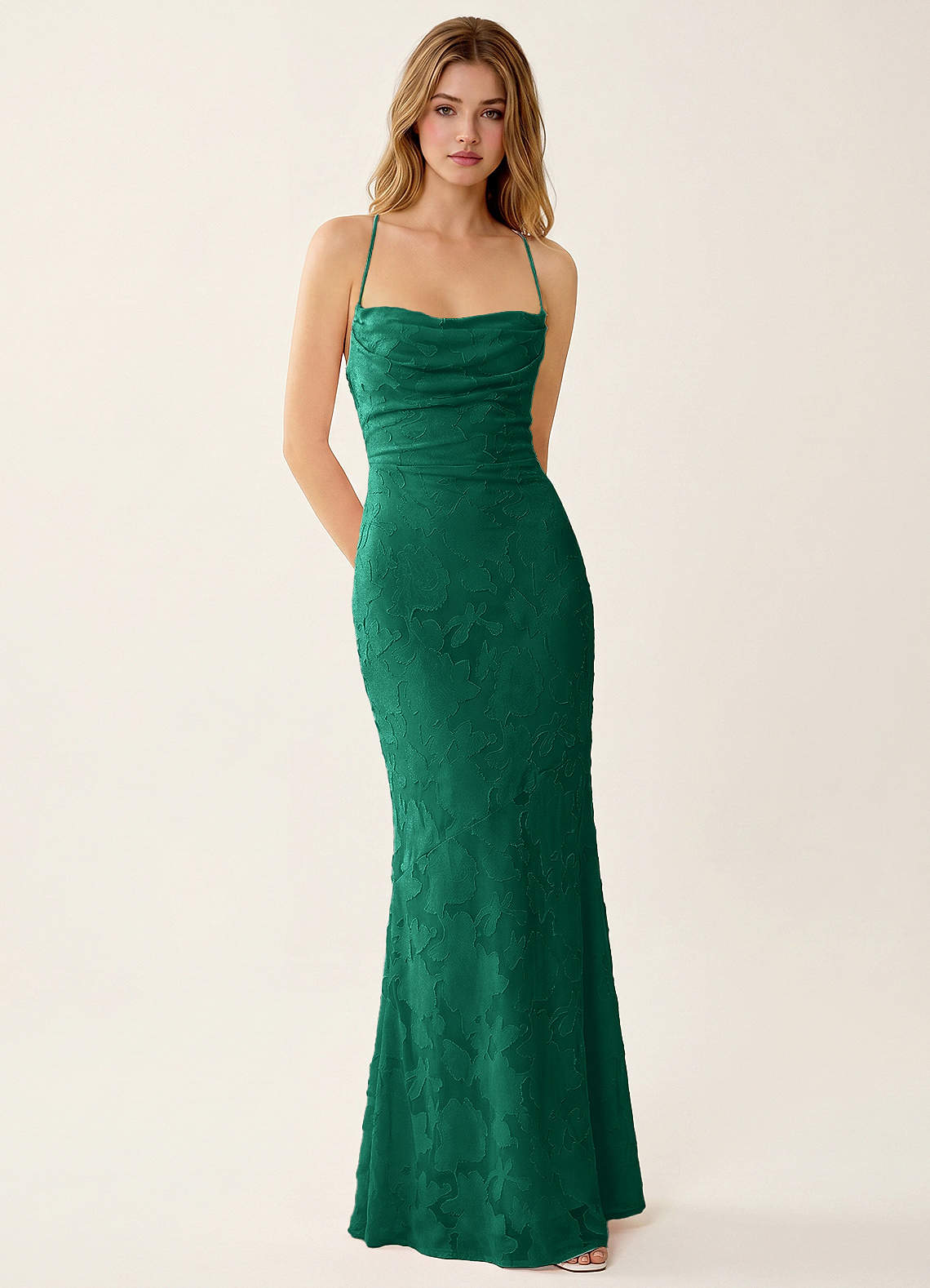 Natasha Mermaid Spaghetti-Strap Floral Burnout Evening Dress in Hunter Green