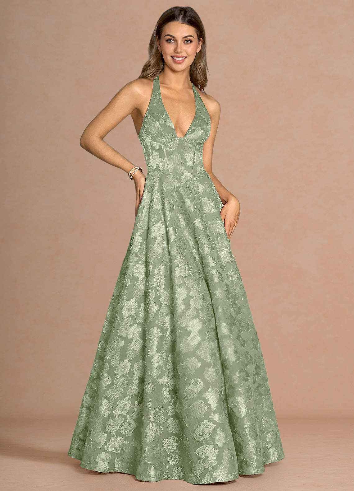Isabeau A-Line V-Neck Fil Coupé Evening Dress in Light Green