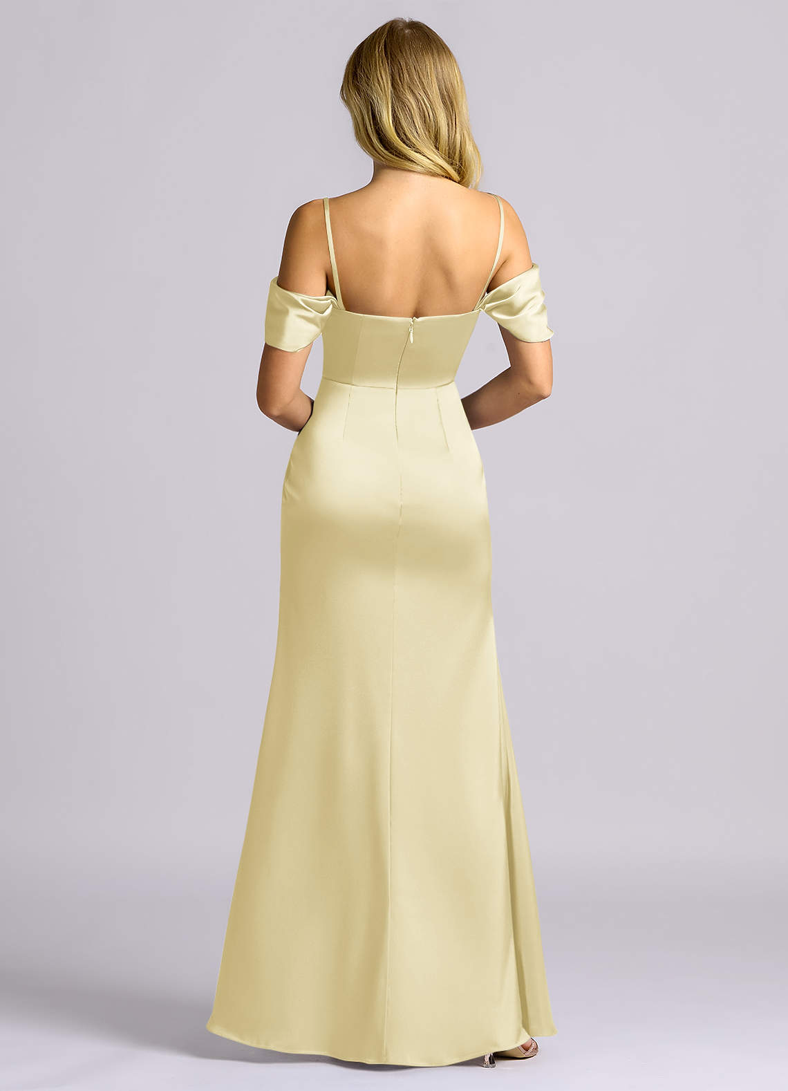 Auden Sheath Off-the-Shoulder Stretch Satin Bridesmaid Dress in Lemon Sorbet