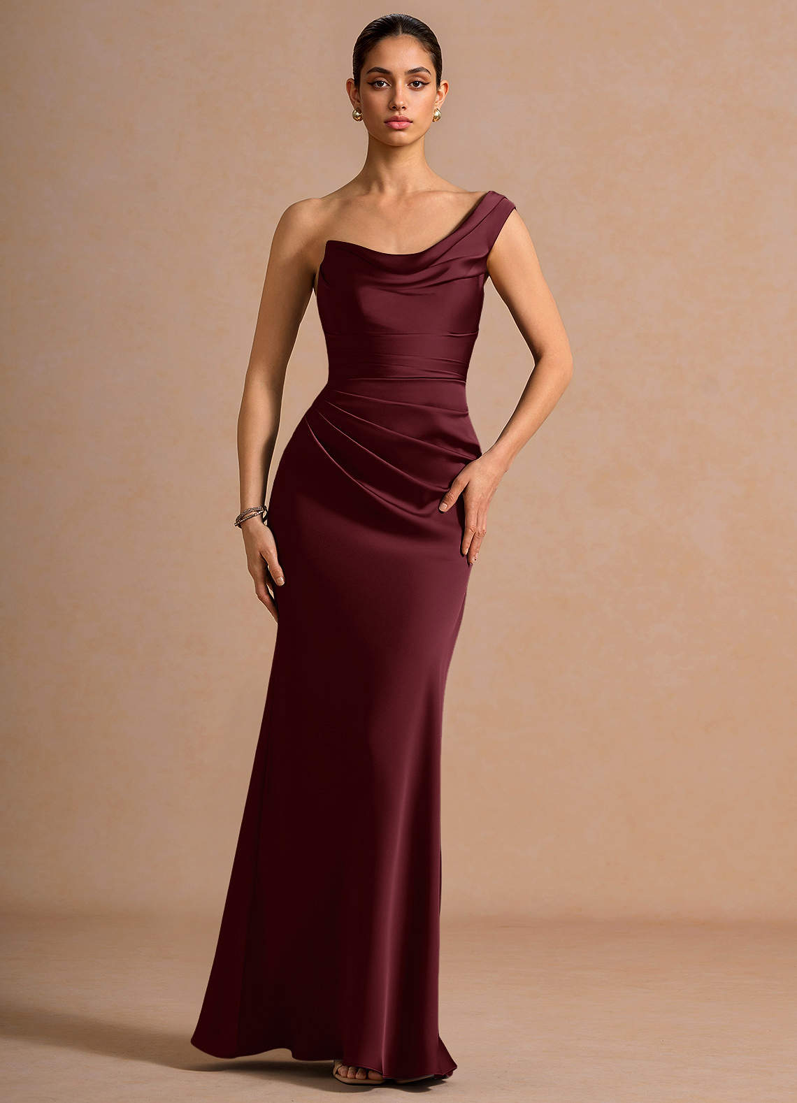 Cassiopeia One-Shoulder Draped Stretch Satin Evening Dress in Wine
