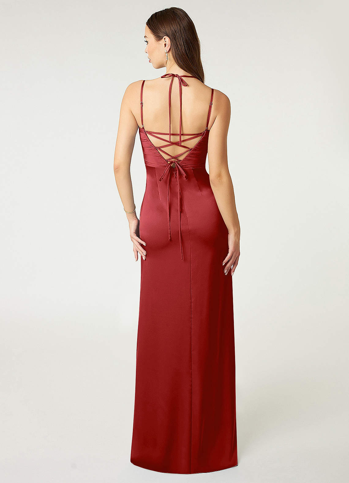 Desi Sheath Halter Stretch Satin Bridesmaid Dress in Pomegranate