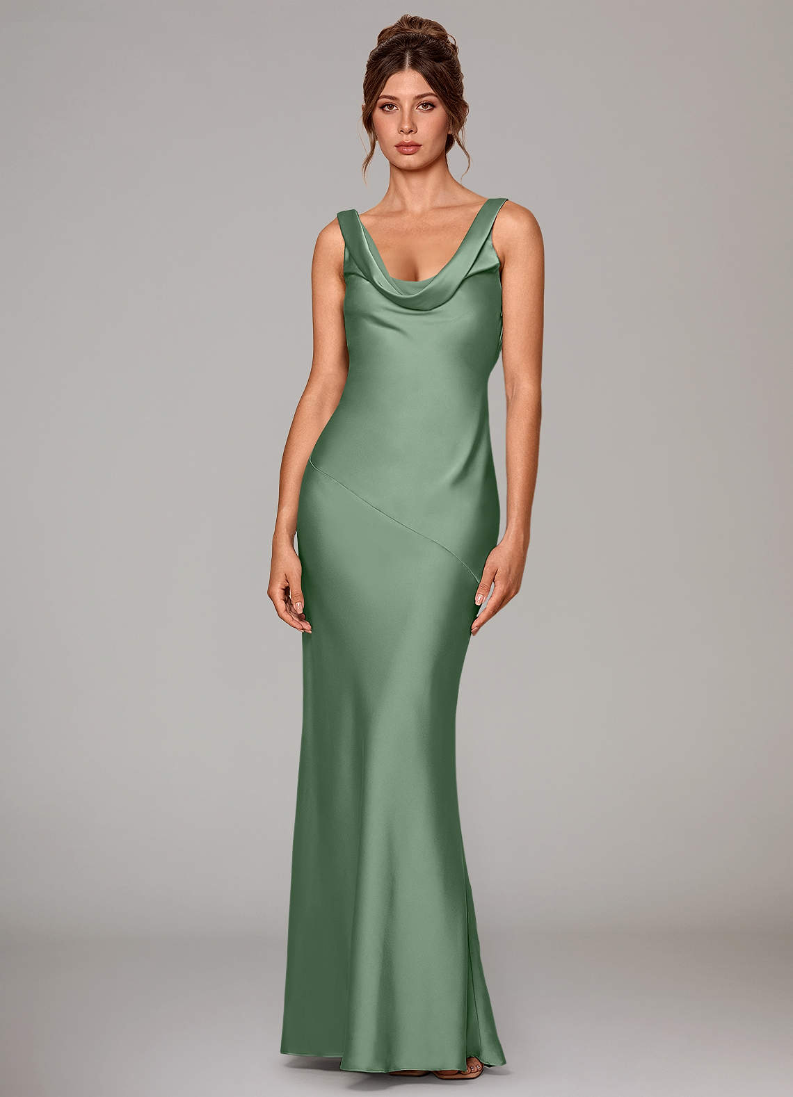 Rylina Mermaid Cowl-Neck Stretch Satin Bridesmaid Dress in Matcha