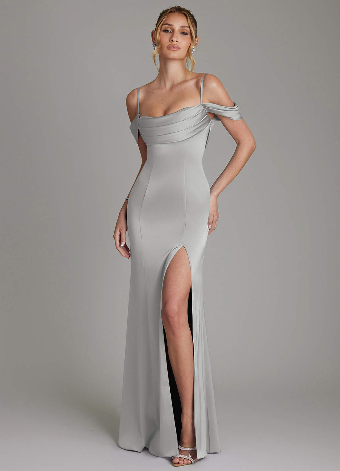 Nira Mermaid Sweetheart Stretch Satin Bridesmaid Dress in Silver