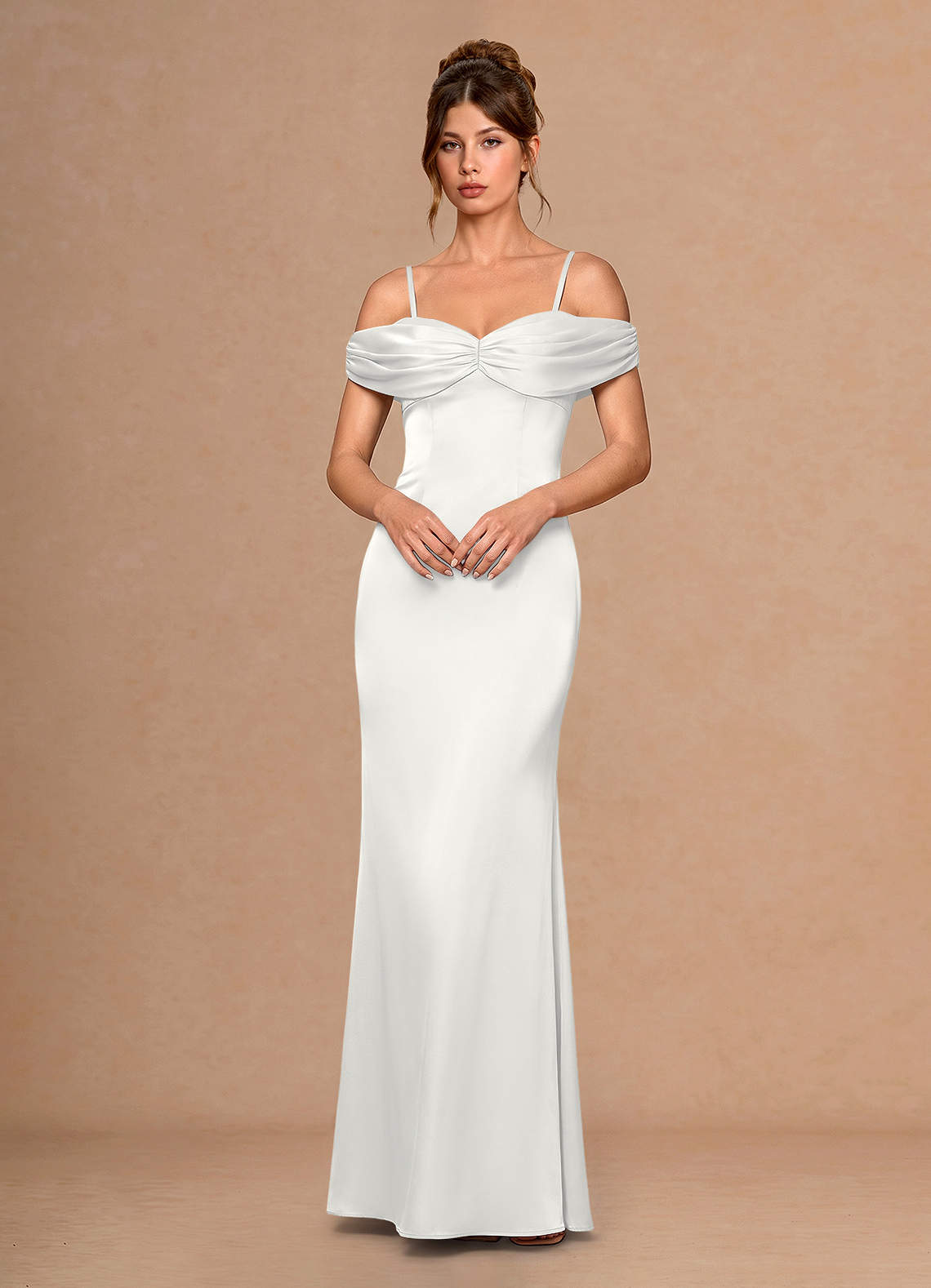Estelle A-Line Cold-Shoulder Satin Chiffon Evening Dress in White