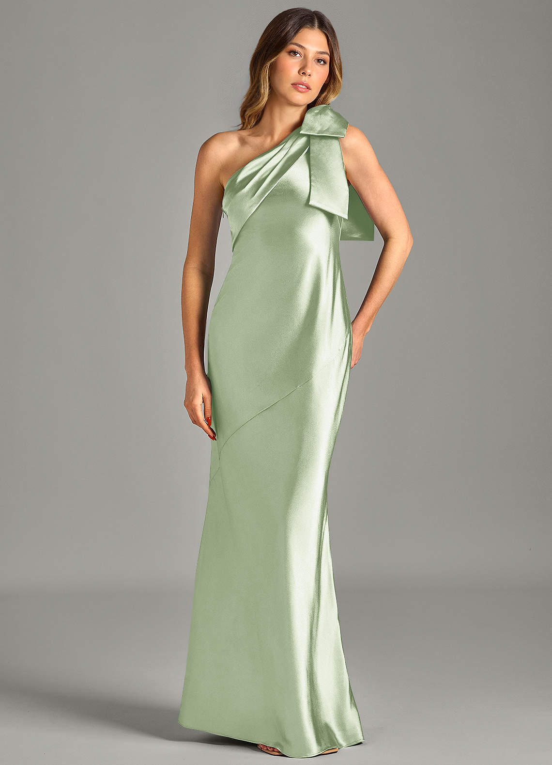 Yuanna Mermaid One-Shoulder Metallic Satin Bridesmaid Dress in Dusty Sage