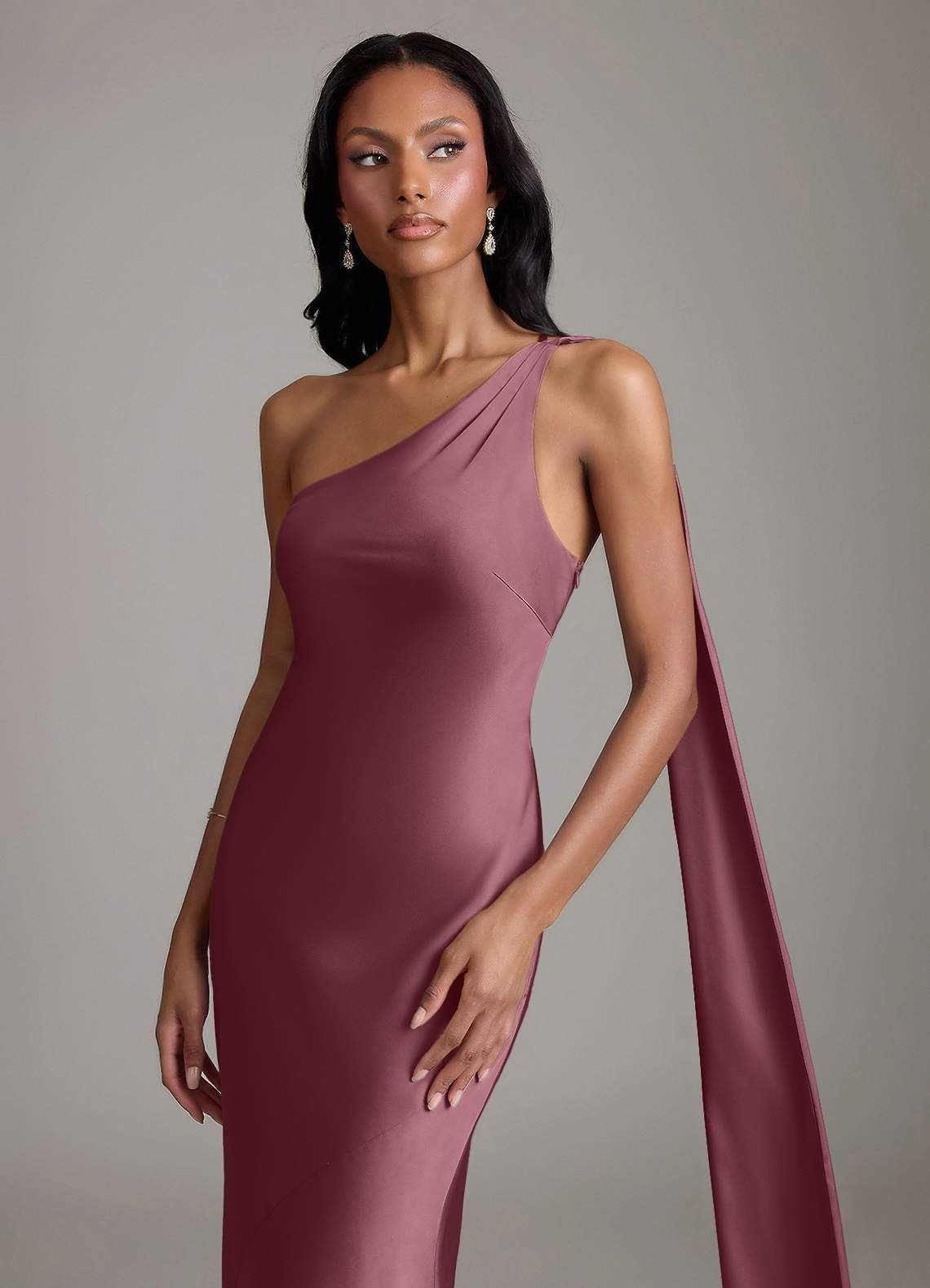 Juniper Mermaid One-Shoulder Stretch Satin Bridesmaid Dress in Desert Rose