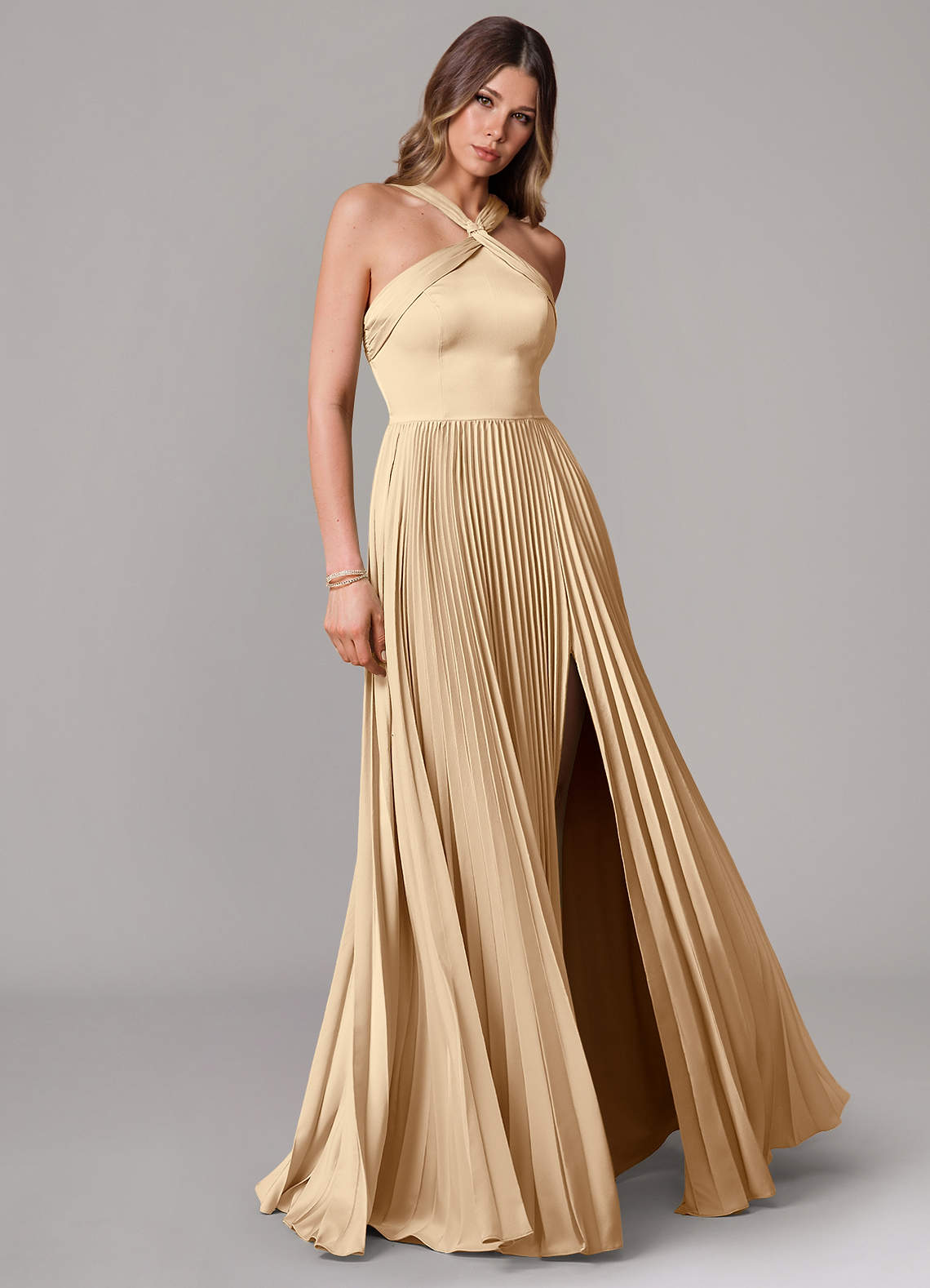 Afra A-Line Halter-Neck Stretch Satin Bridesmaid Dress in Champagne