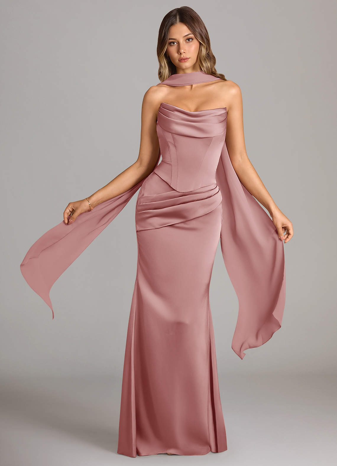 Sorrel Mermaid Cowl-Neck Stretch Satin and Chiffon Bridesmaid Dress in dusty rose