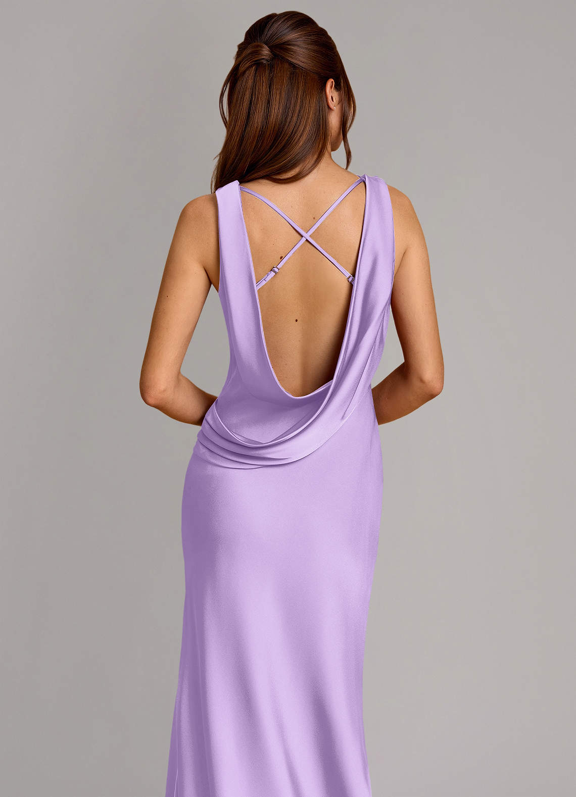 Cheryl Mermaid Cowl-Neck Stretch Satin Bridesmaid Dress in Lilac