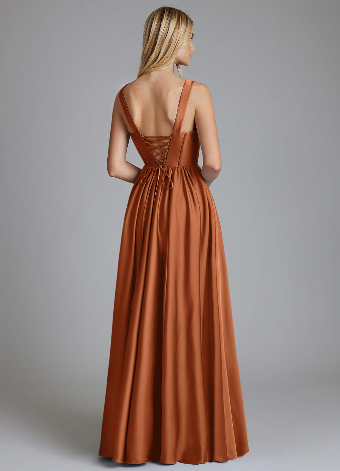 Delmie A-Line V-Neck Stretch Satin Bridesmaid Dress in Copper
