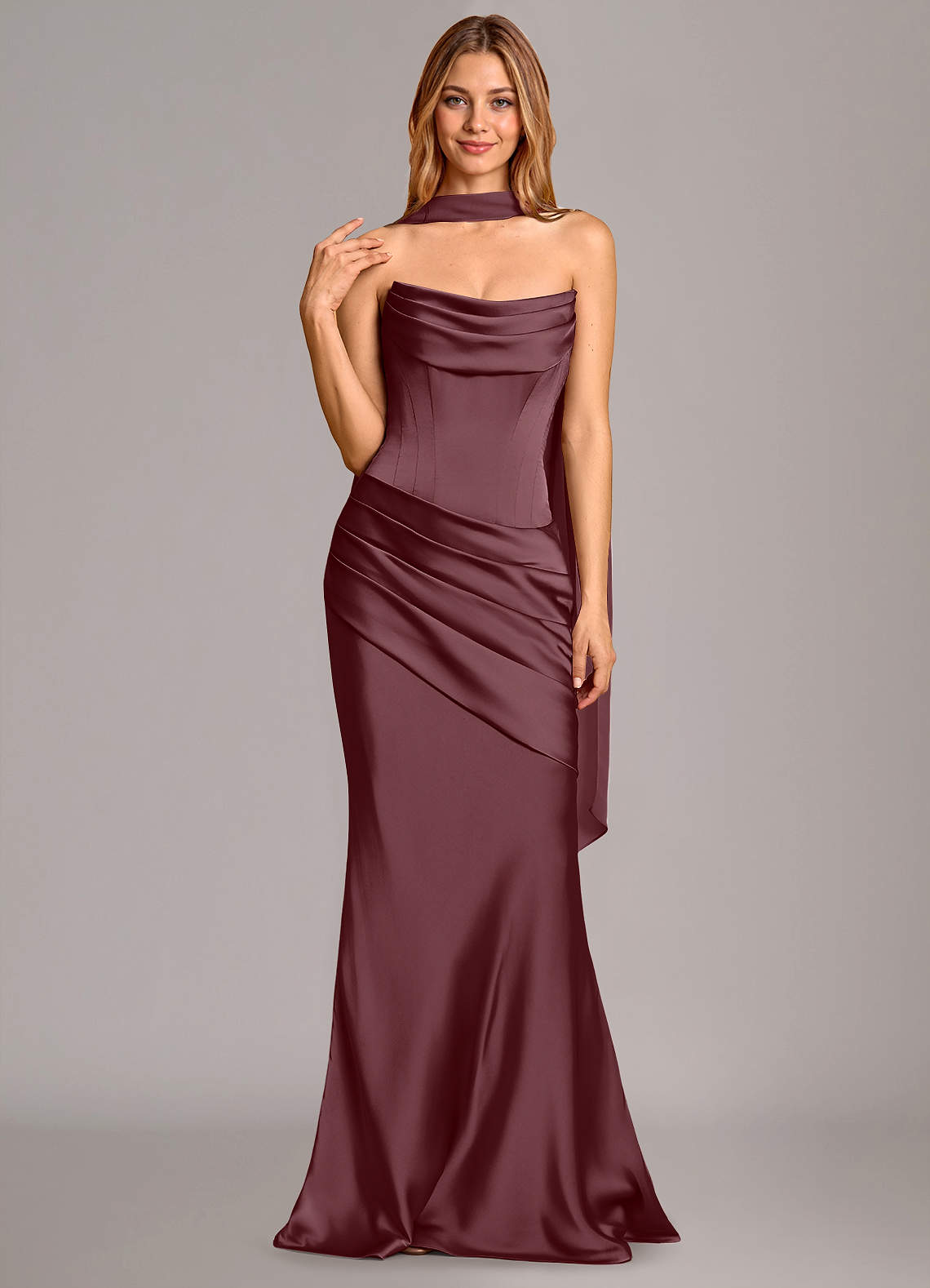 Pelagia Mermaid Cowl-Neck Stretch Satin Bridesmaid Dress in Sangria