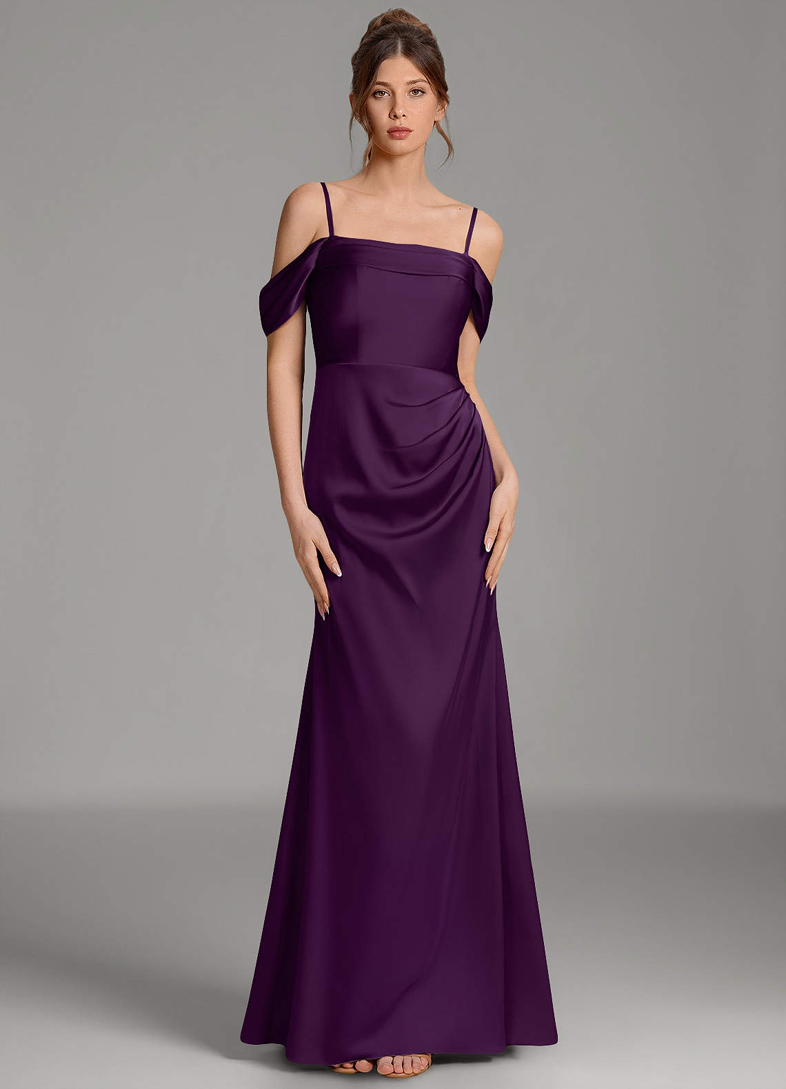 Wyatt Mermaid Off-the-Shoulder Stretch Satin Bridesmaid Dress in Grape