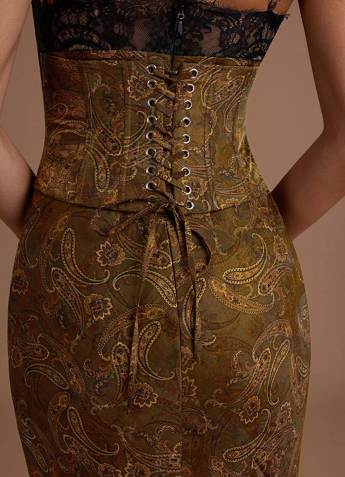 Reya Mermaid Scoop-Neck Brocade Wedding Guest Dress in Mocha Paisley