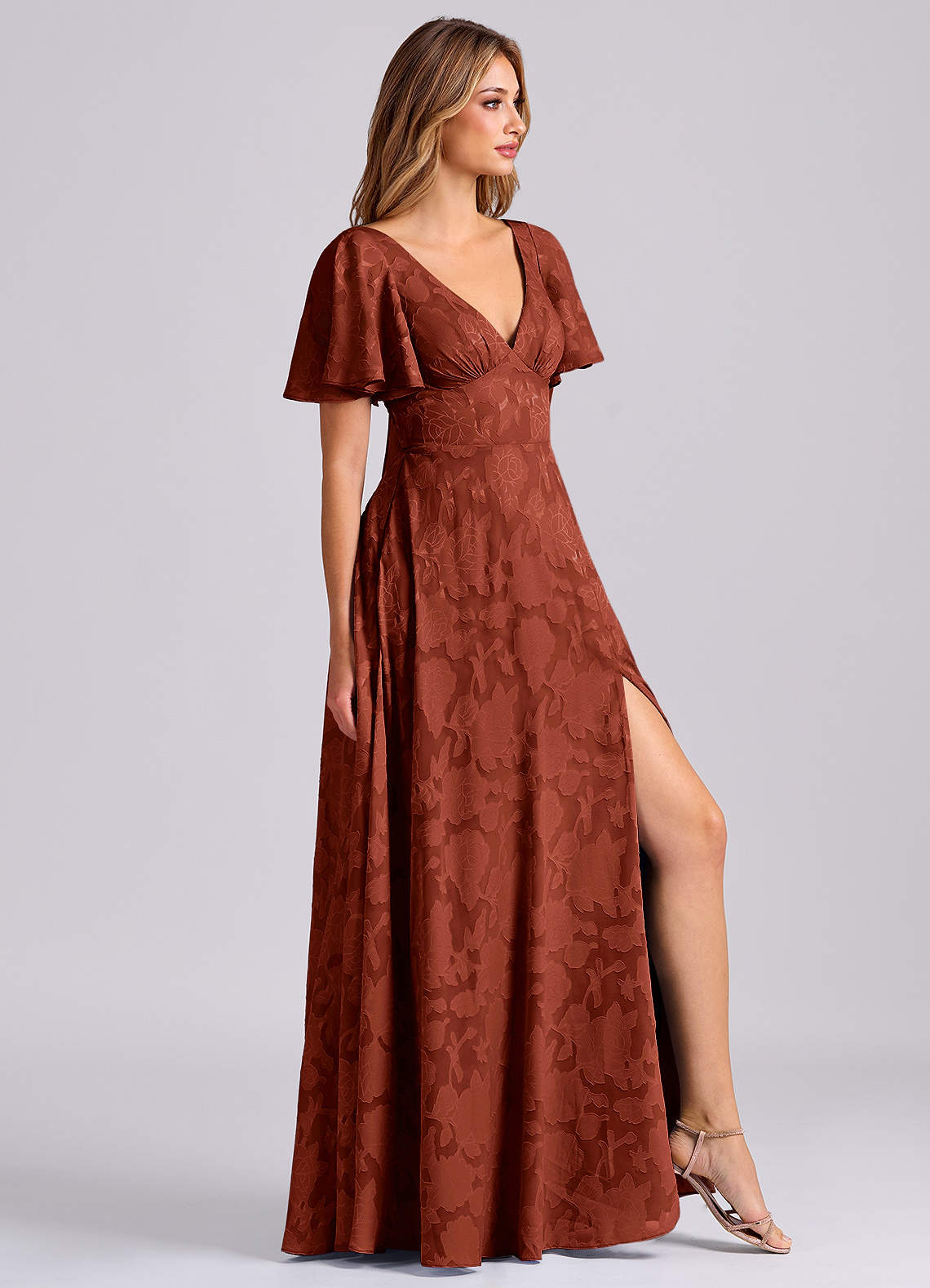 Kimber A-Line V-Neck Floral Burnout Bridesmaid Dress in Terracotta