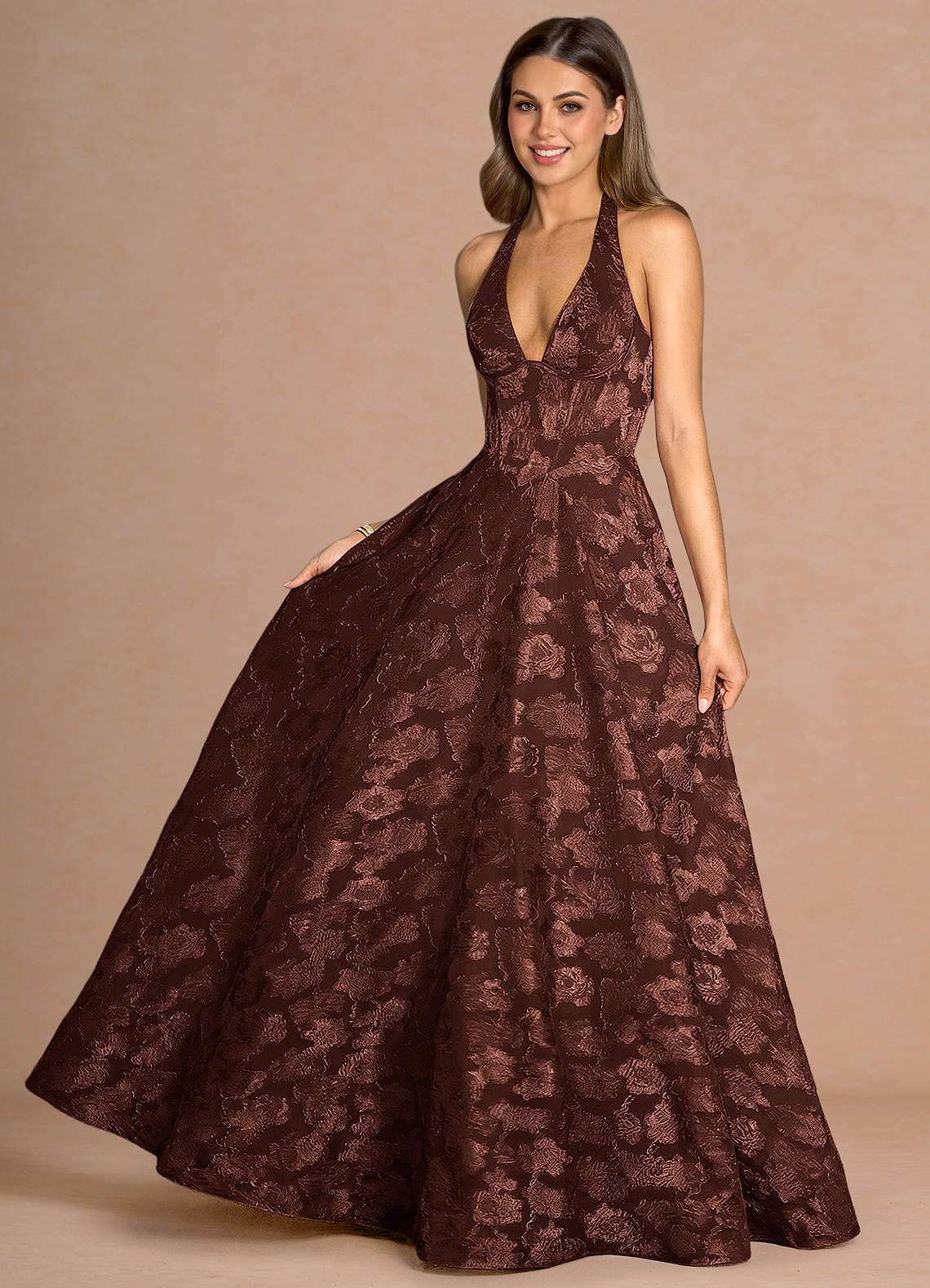 Isabeau A-Line V-Neck Fil Coupé Evening Dress in Mocha Coco