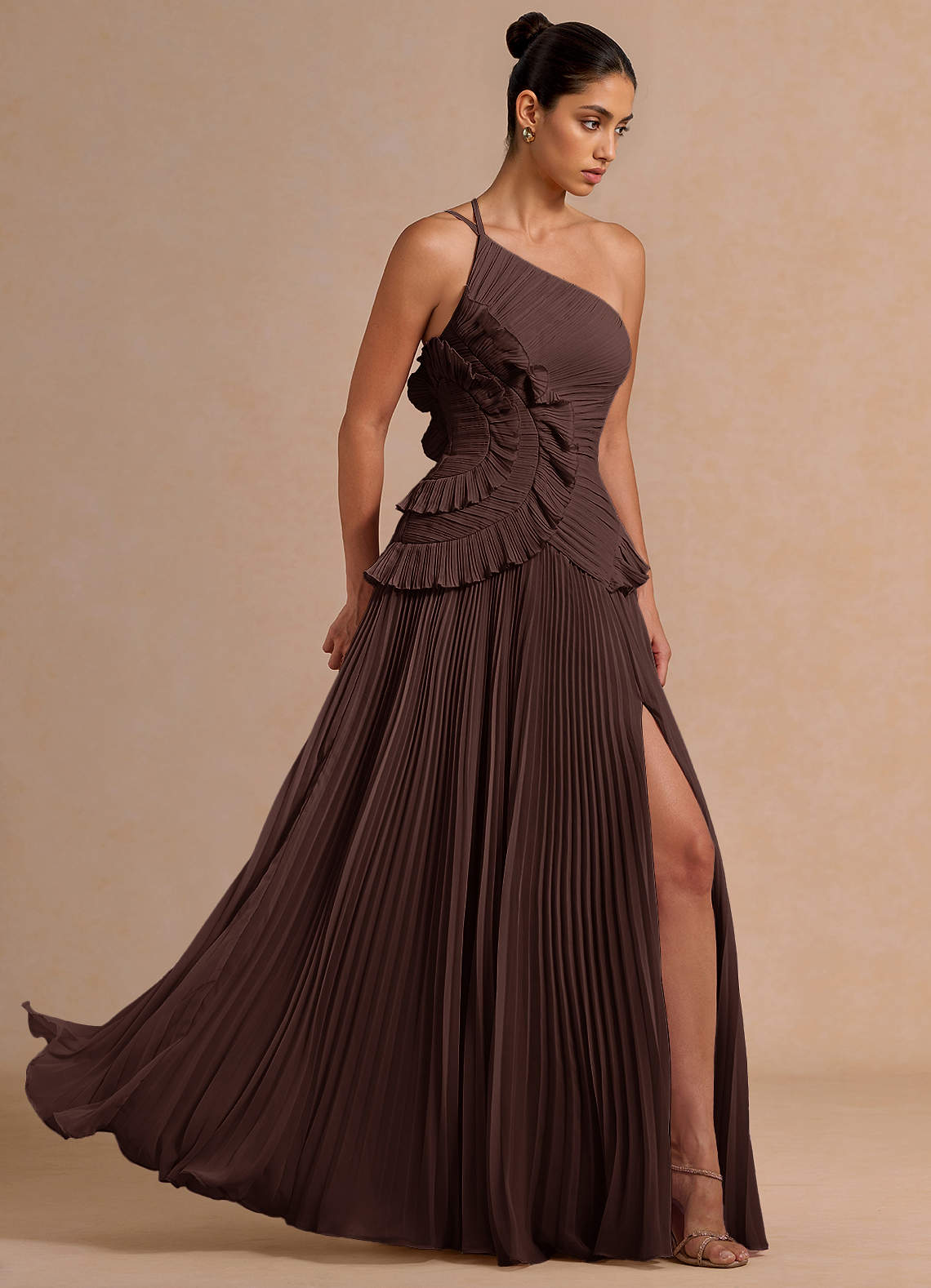 Melody A-Line One-Shoulder Chiffon Evening Dress in Truffle