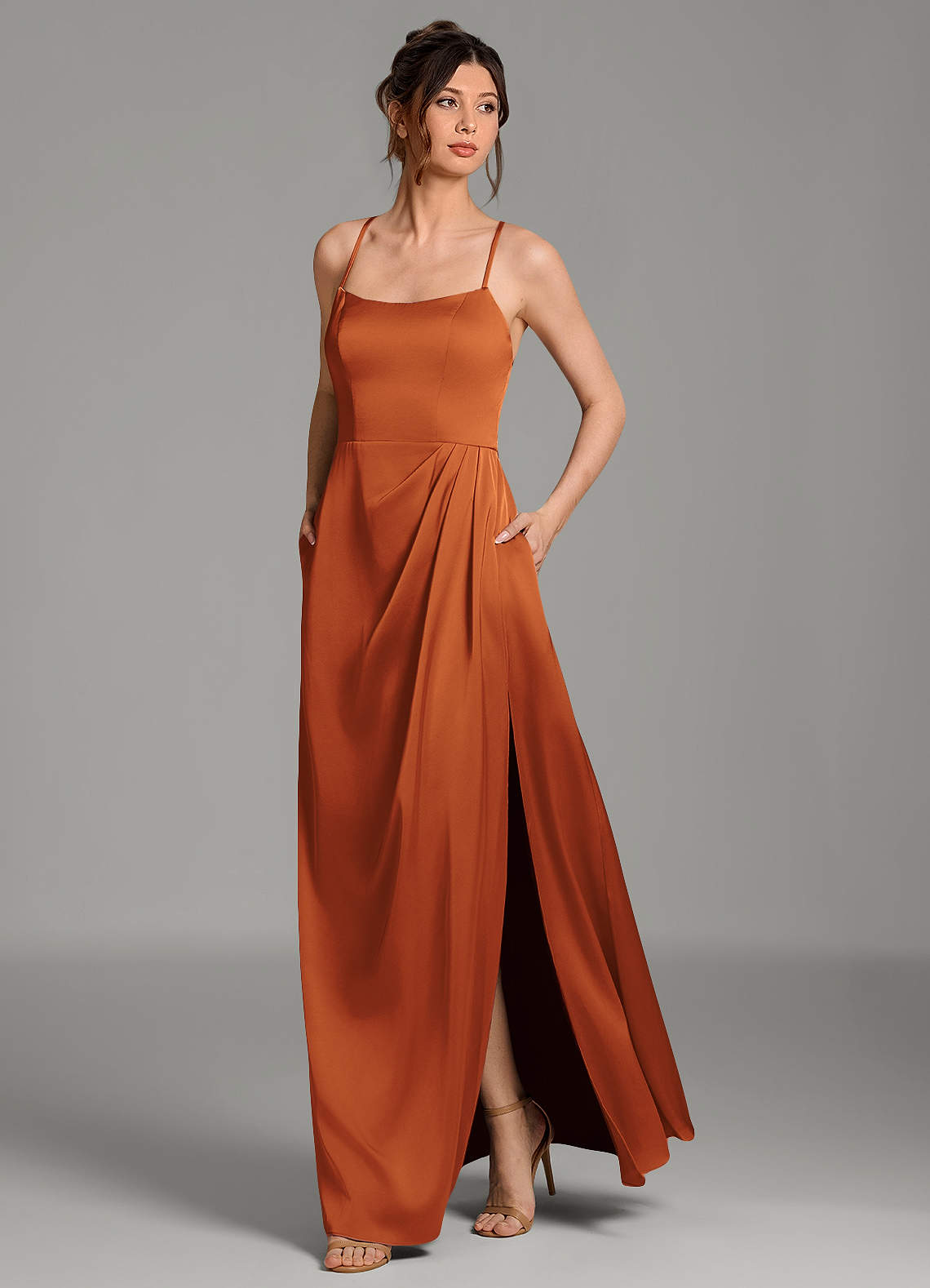 Frankie A-Line Scoop-Neck Stretch Satin Bridesmaid Dress in Cinnamon