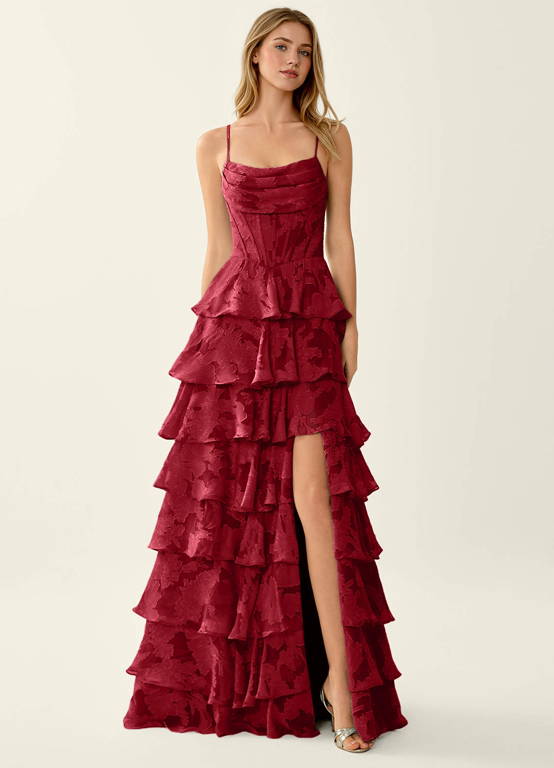 Wrenana A-Line Cowl-Neck Floral Burnout Evening Dress in Ruby Red