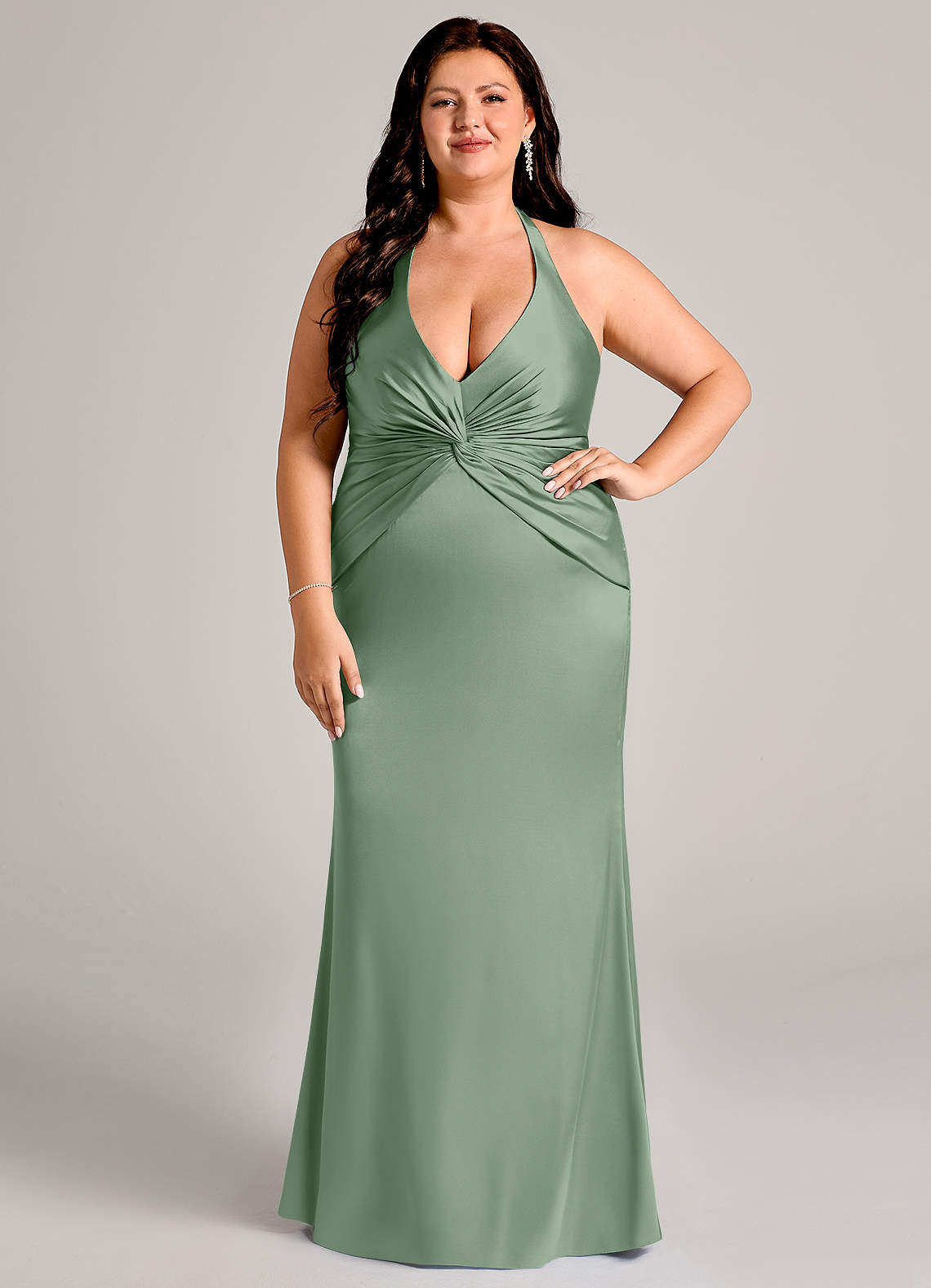 Valerie Mermaid V-Neck Stretch Satin Bridesmaid Dress in Matcha