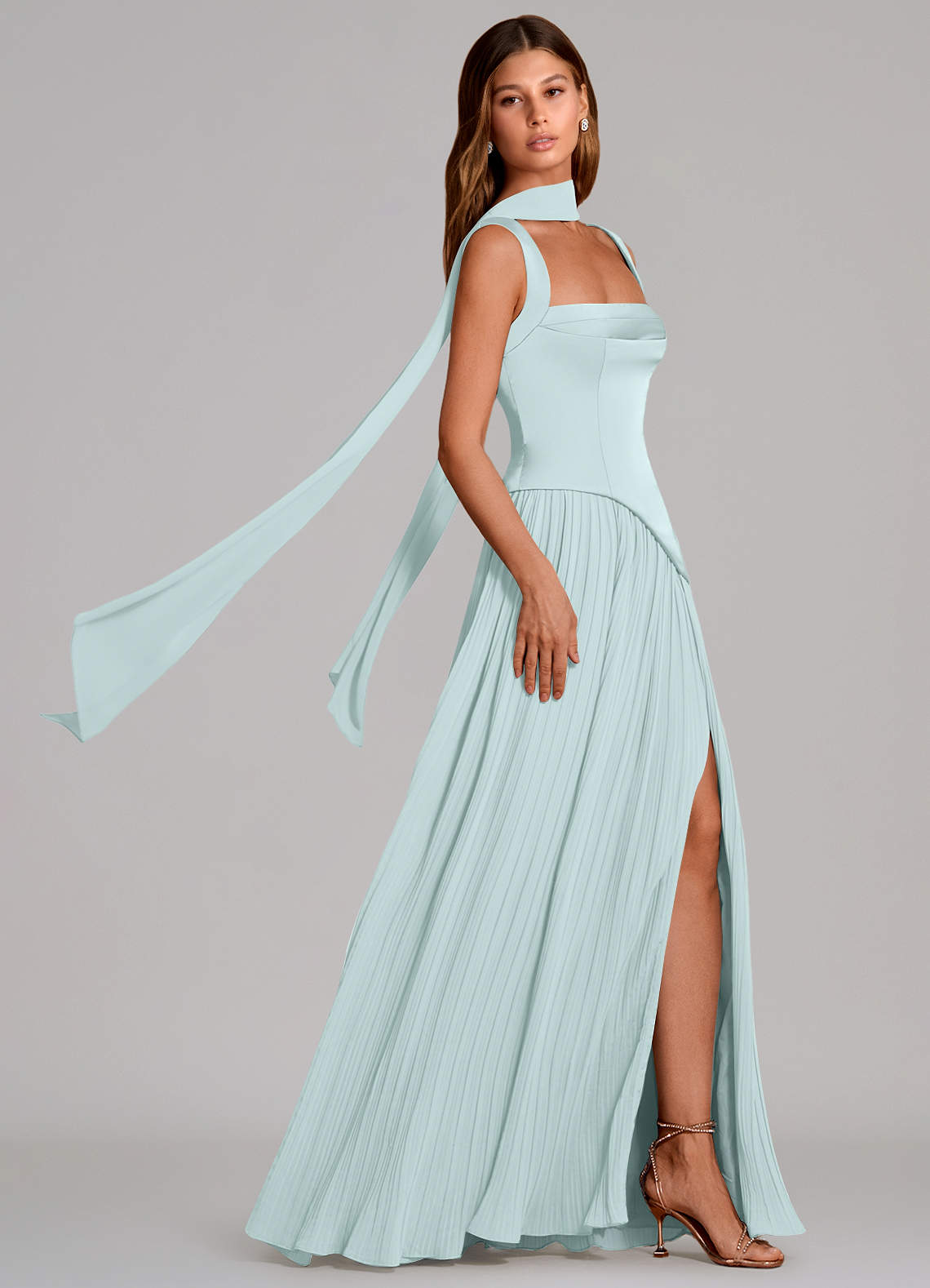 Stephanie A-Line Square-Neck Stretch Satin and Chiffon Bridesmaid Dress in Sea Glass