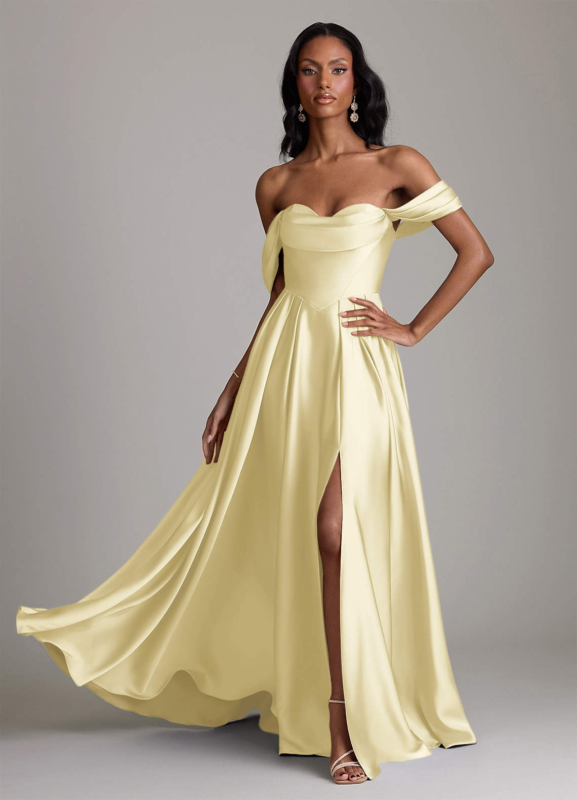 Loisa A-Line Off-the-Shoulder Stretch Satin Bridesmaid Dress in Lemon Sorbet